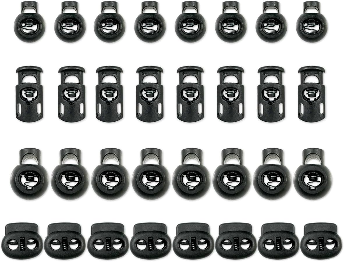 WELANE Plastic Cord Locks, 32 PCS Black Elastic Cord Adjuster for Drawstrings, Shoelaces, Bags (4 Kind) image number 4