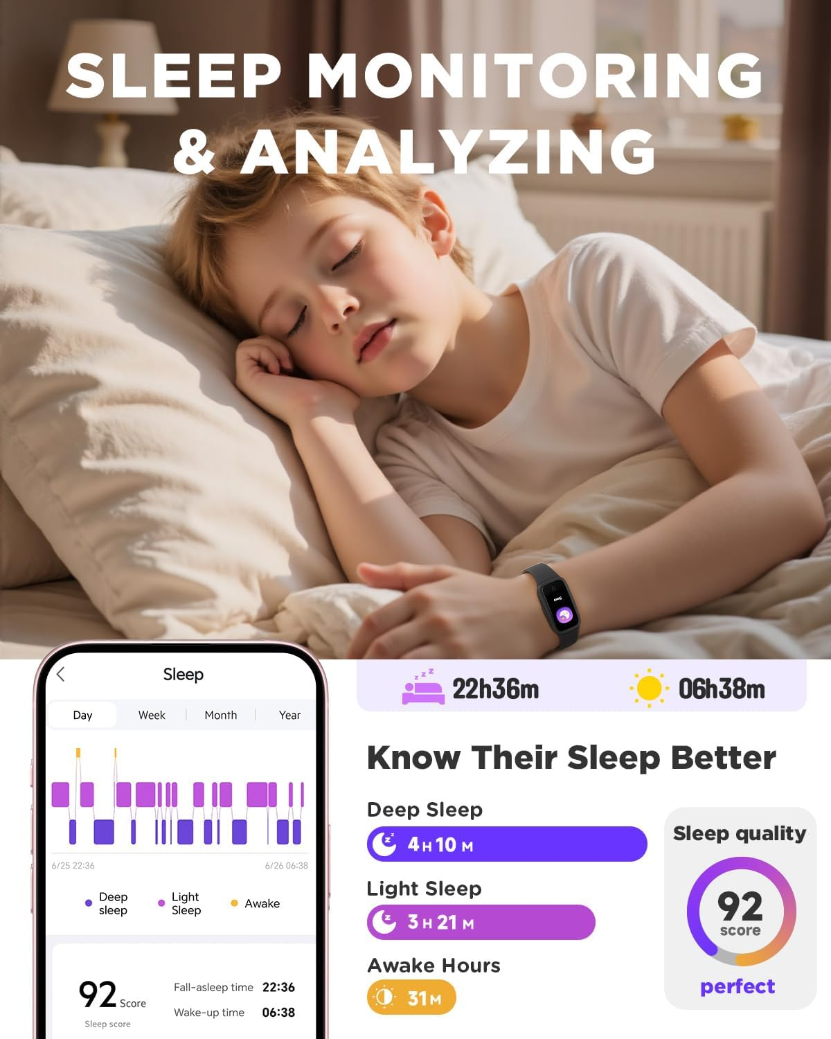 BIGGERFIVE Vigor 3 Kids Fitness Tracker Watch, AMOLED Screen, No App No Phone Needed, 3ATM Waterproof, Heart Rate and Sleep Monitor, Pedometer Watch, Sports Step Counter for Boys Girls Ages 5-15,Black - Blue image number 5