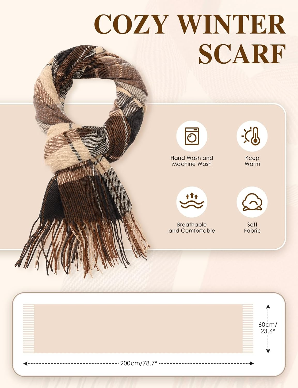 Heekpek Women'S Checked Oversized Cashmere Scarf Long Winter Scarf Soft Wraps Large Checked Fringe Scarf Warm Scarf for Autumn Winter