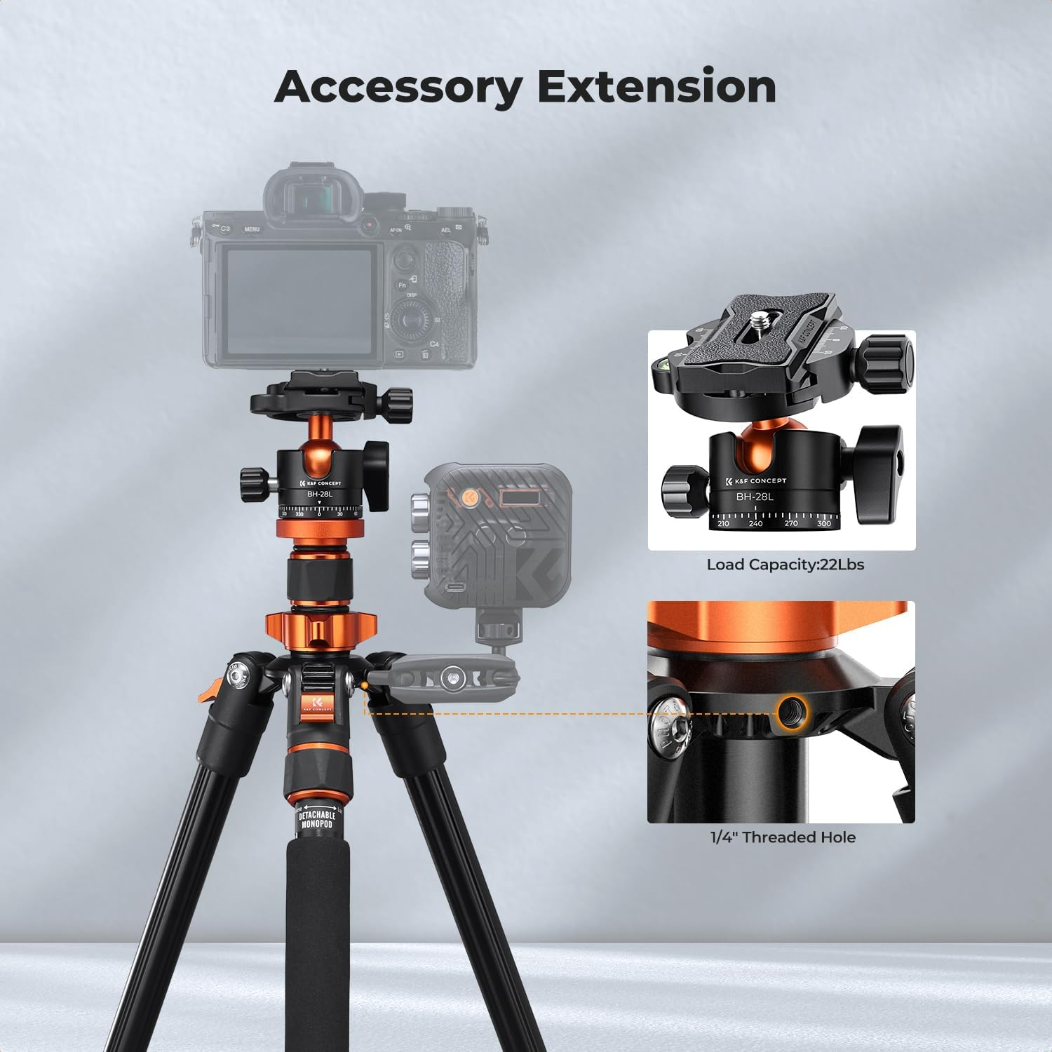 K&F CONCEPT 78 Inch/200Cm Camera Tripod, DSLR Compact Aluminum Tripod Monopod with 360 Degree Ball Head Load Capacity 10KG for Travel Indoor Outdoor Use, K234A7+BH-28L (S210+KF28) image number 4