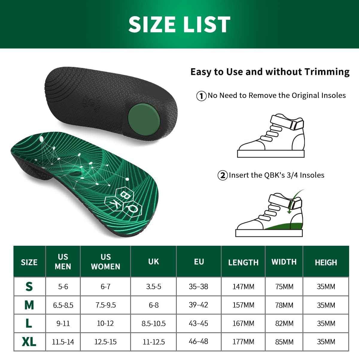 Plantar Fasciitis Orthotic Shoe Insoles QBK High Arch Support Inserts for Dispersal Heel Pressure and Pain Relief，L image number 6