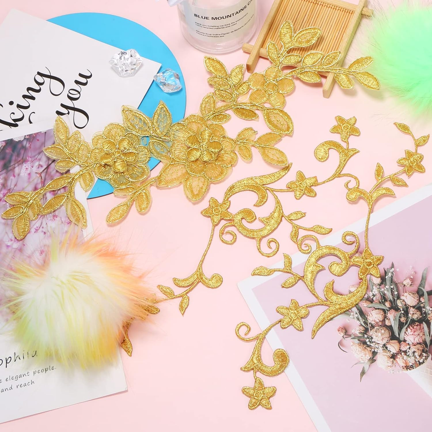 UHOMENY Gold Lace Flower Embroidery Patch, 6 Pieces Blossom Fabric Flower Gold Applique Leaves Vines Iron on Patches Sewing Craft Decoration Lace Appliques for Wedding Prom Dress DIY Clothing Jean image number 3