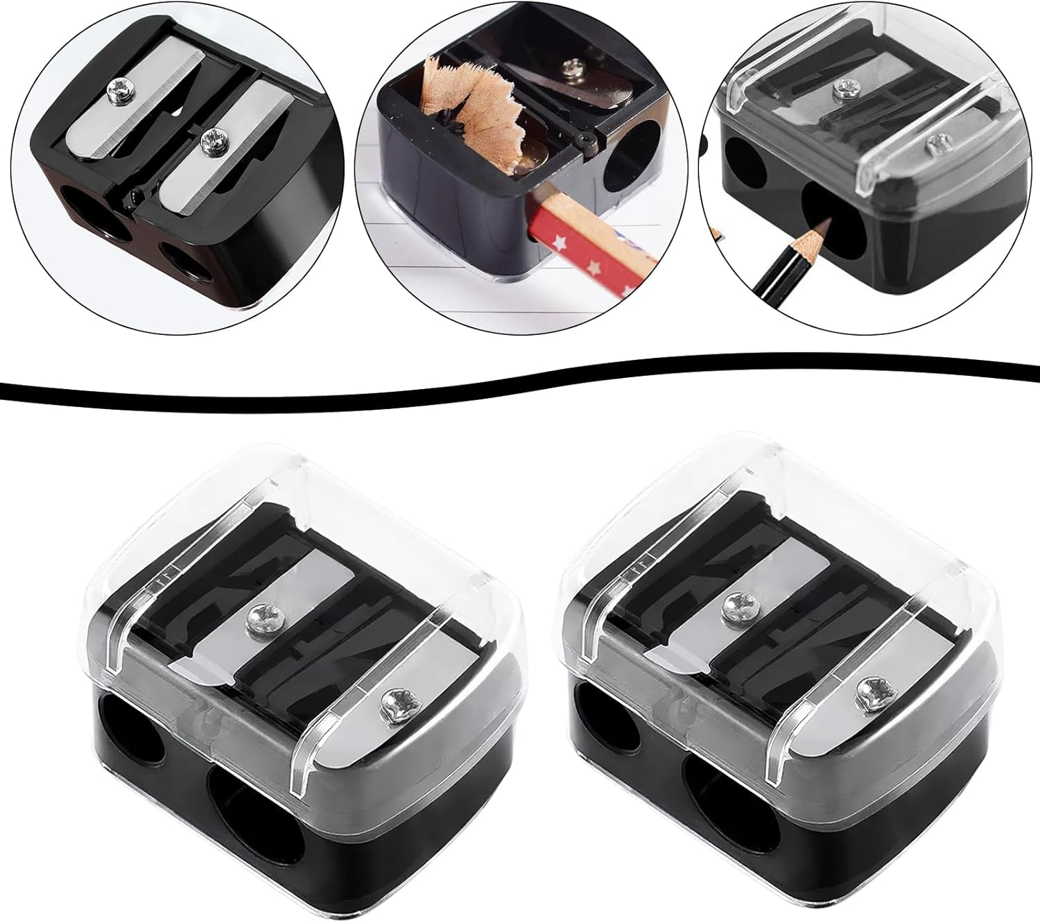 Pack of 2 Makeup Sharpener Pencil Sharpener, Cosmetic Pencils, Portable Sharpener Thick Pens, Double Sharpener for Thickness, Thin Pencils, Manual Pencil Sharpener with Cover for Eyebrow Pencil image number 2