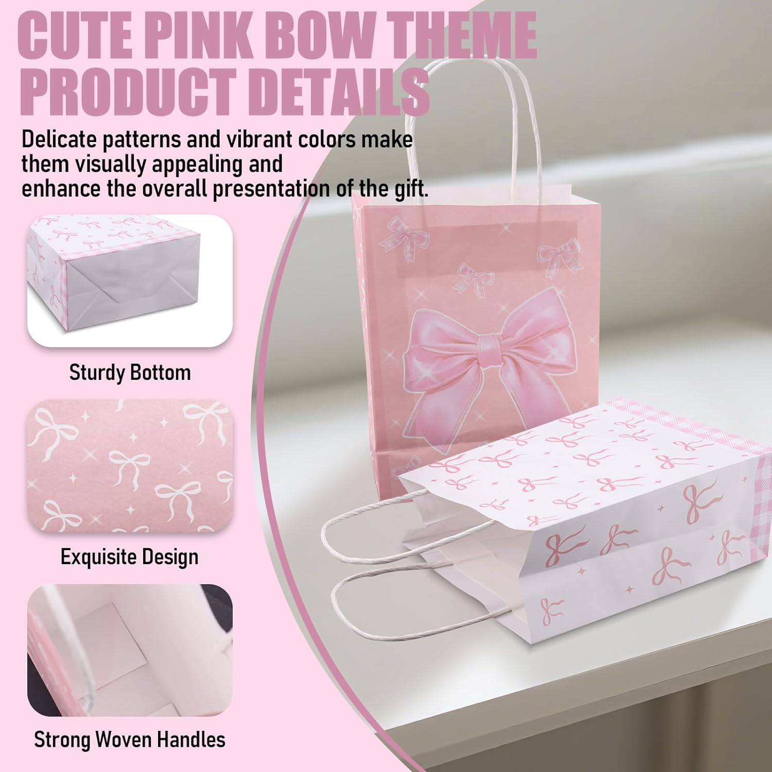 ACOSIY 12 PCS Bow Pink Goodie Bags, Plain Reusable Gift Bags with Handles, Pastel Candy Party Favor for Wedding Birthday Bridal Engagement Decorations (Pink)