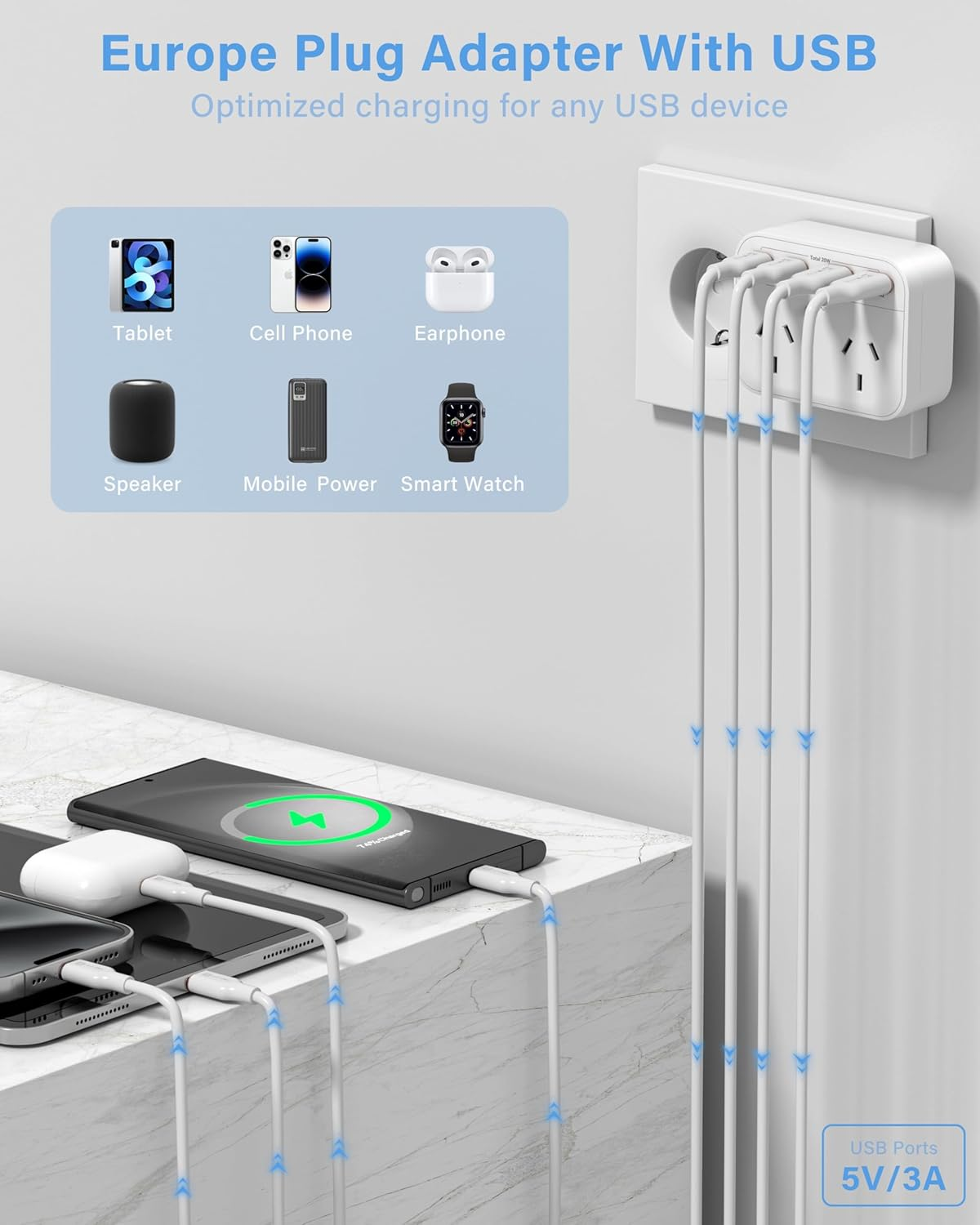 Dawntress Australia to Europe Travel Adapter - EU Travel Adapter with 4 USB Charger, USB-C Outlet Adaptor Power Point，European Travel Adapter for Bali Spain Germany France Portugal Greece Netherlands image number 4