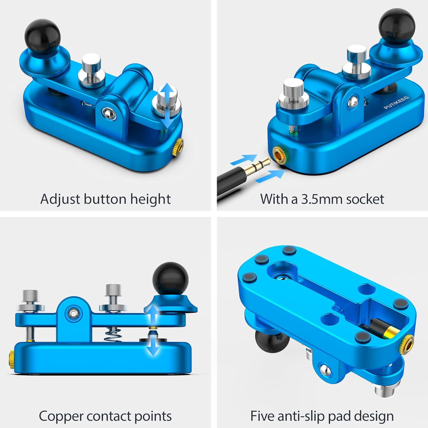 PUTIKEEG Mini Classical Morse Code Key - CW Morse Code Keys Automatic Morse Aluminum Alloy Radio Ham Send Telegram Morse Code Key with Silicone Anti-Slip Foot Pads - Peacock Blue