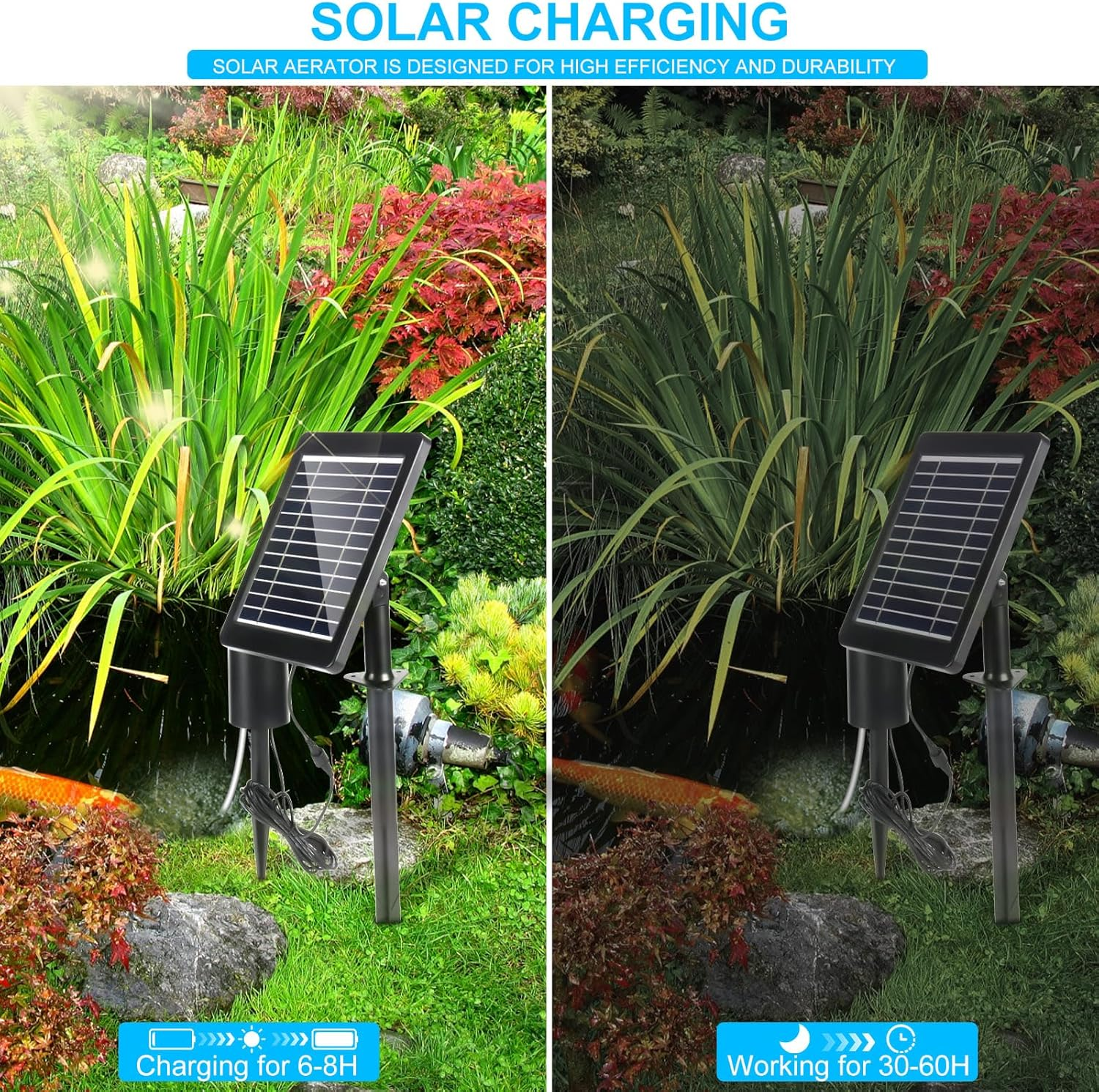 Oxygen Pump for Pond Solar, 4 W Pond Aerator Solar with 2200 Mah Battery, Pond Air Pump with Oxygen Tube and Air Bubble Stone, Air Pump Aquarium Oxygenator for Pond Pool image number 5