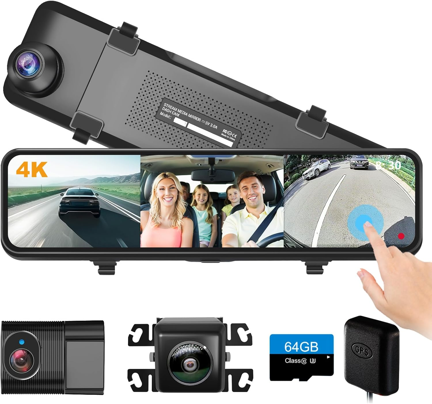 4K 3 Channel Mirror Dash Cam, 11" Triple Rear View Mirror Dash Camera Front inside Rear with WDR G-Sensor Parking Assistance, with 64GB Card, Waterproof Backup Camera for Car RV by STONVUE image number 3