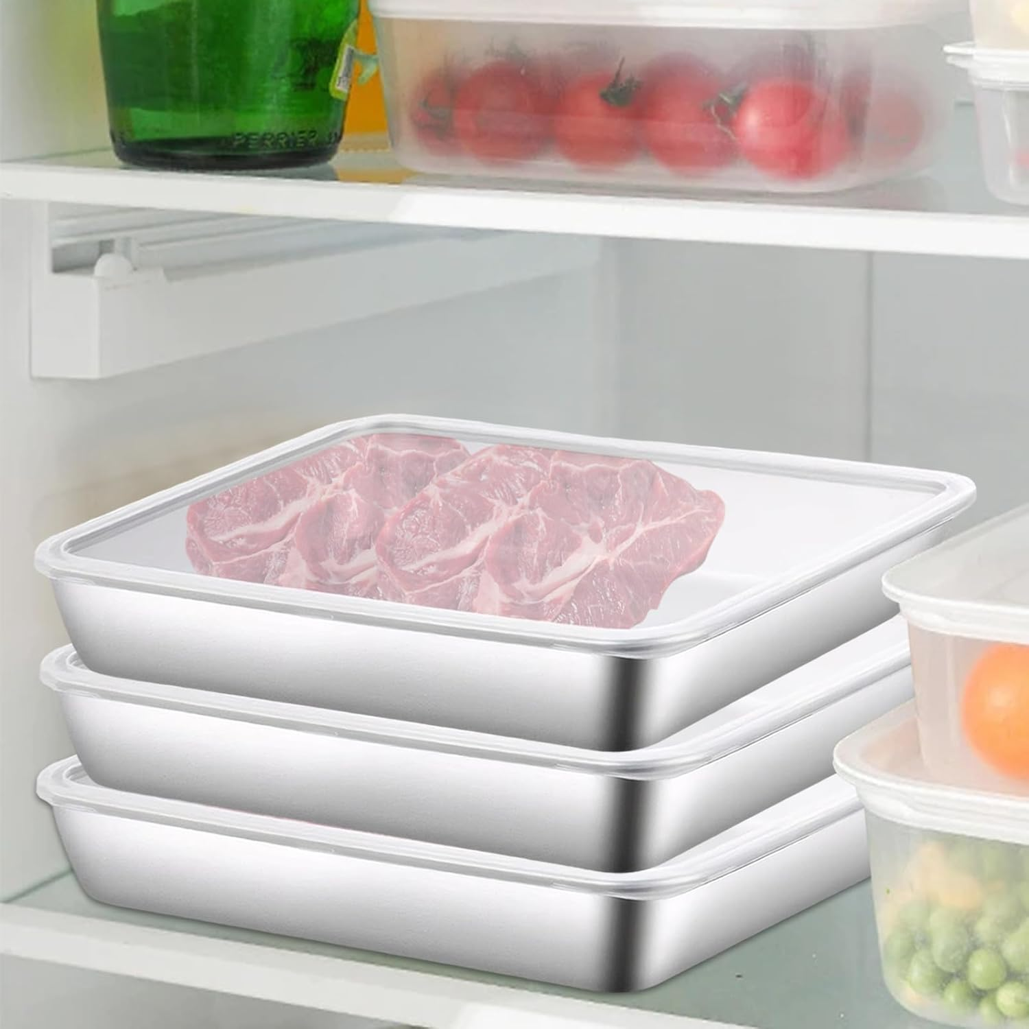3 Pieces Stainless Steel Crisper Box, Refrigerator Crisper Food Storage Boxs, Food Containers Sets with Plastic Lid, Storage Boxs, Cold Cuts Box Fresh, Refrigerator Organizer image number 1