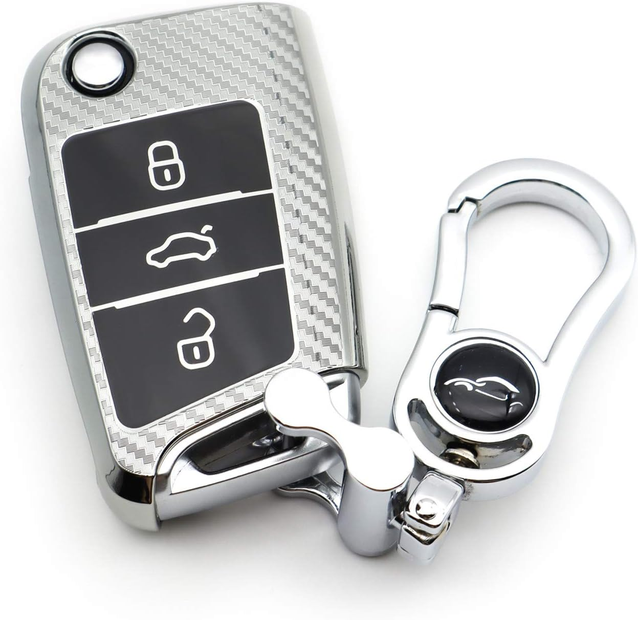 M.Jvisun Soft Carbon Fiber Finish Car Key Fob Cover for Volkswagen Atlas Golf Jetta Polo for Tiguan for Skoda Kodiaq Karoq for Audi A1 for Seat Ateca Leon Flip Key TPU Case with Keychain - Silver image number 6