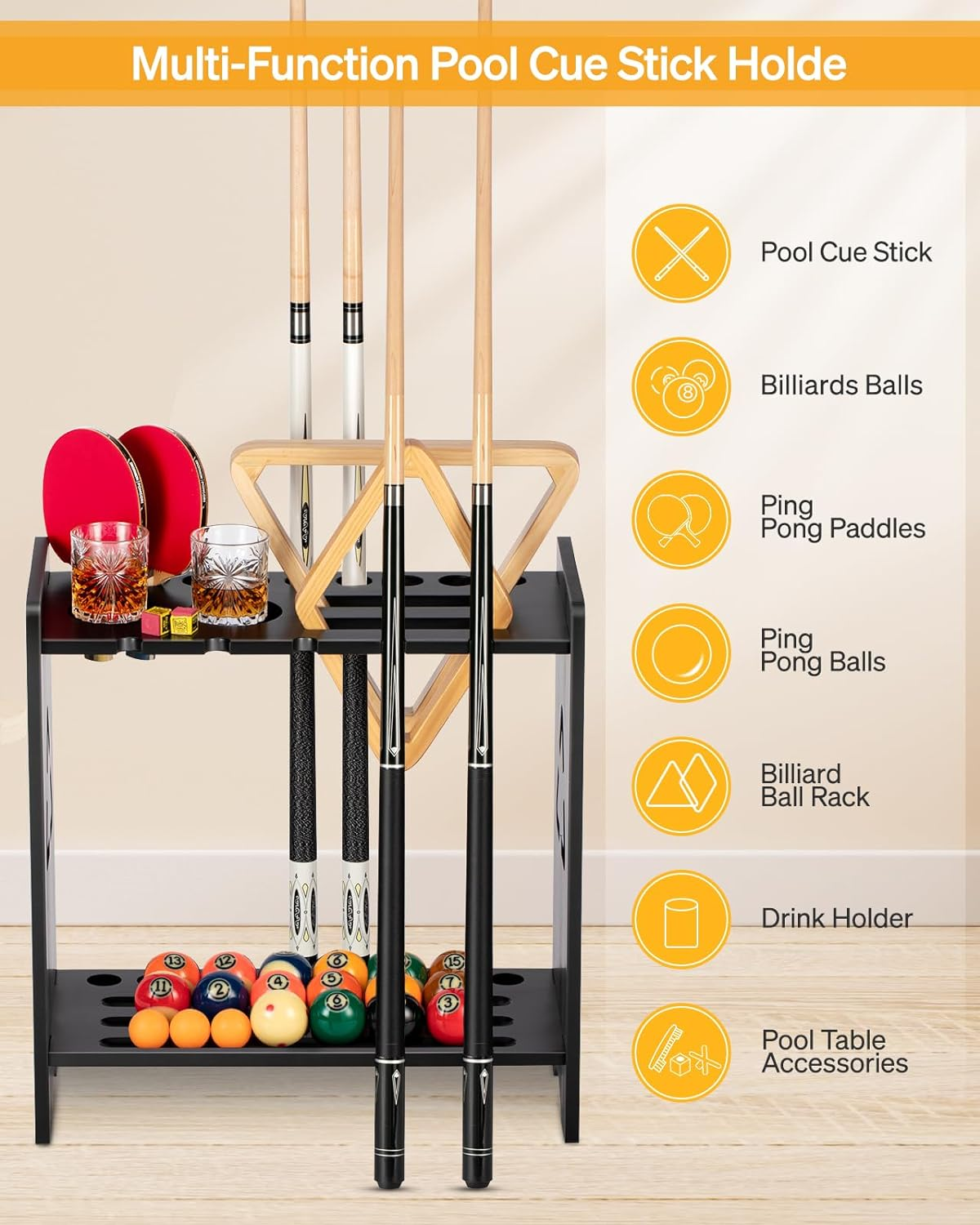 Pool Cue Stick Holder - Floor Stand Billiards Rack Oak Solid Wooden Holds 9 Cues and Pool Table Accessories Organizer image number 4