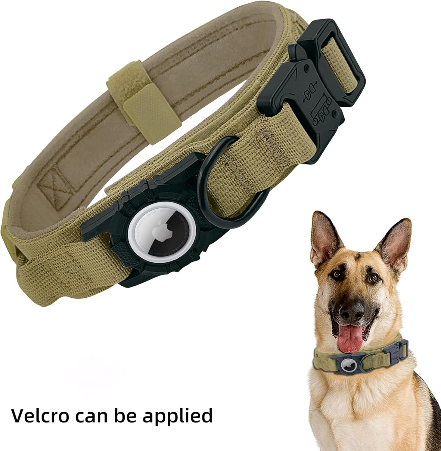 For Airtag Dog Collar - Tactical, Heavy Duty, Adjustable GPS Dog Collar Compatible with Airtag, with Holder & Control Handle for Medium/Large Dogs, Double Locking Metal Carabiner [Brown, image number 2