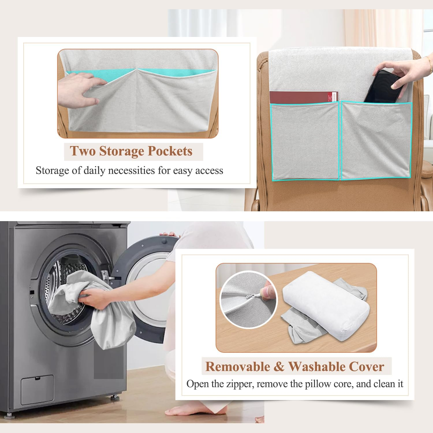 Recliner Pillow for Headrest, Neck and Head Pillow for Recliner Chair, Neck Support Pillow for Chair Head Rest, Couch Neck Pillow Headrest Cushion for Pain Relief, Cervical Support with Storage Pocket image number 3