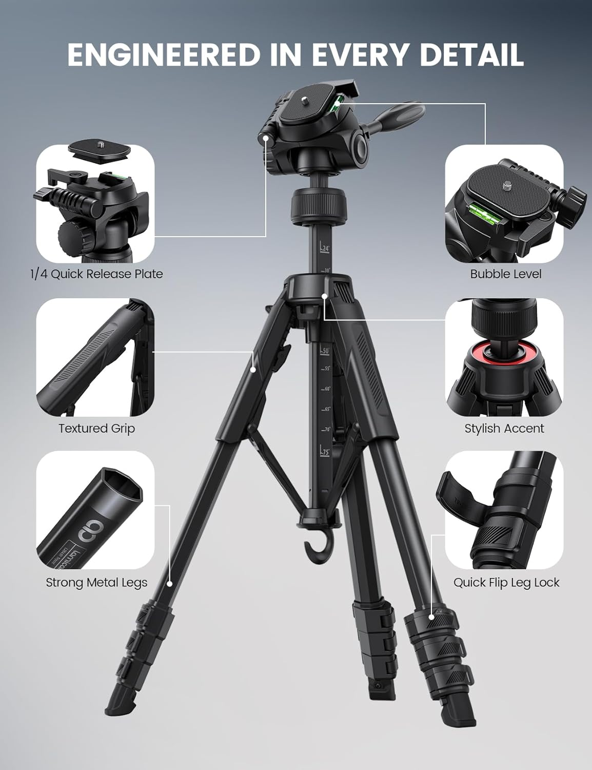 Lamicall Camera Tripod - 17.6LBS Max Load Tripod with Rapid Leg Deployment Phone Tripods for Video Recording Photo Vlog, 67" Camera Stand with Phone Holder & Carry Bag for DSLR Iphone Gopro image number 6
