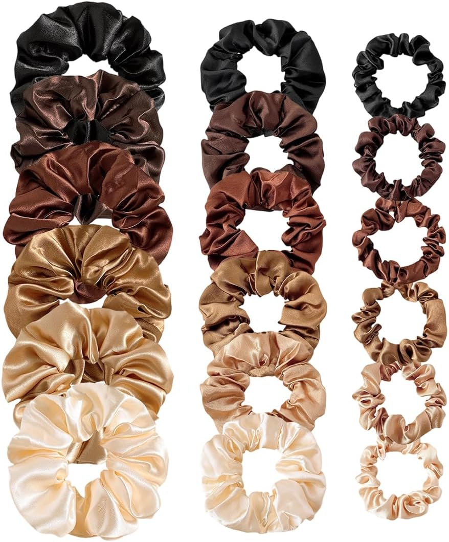 ZORVYN Set of 18 Silk Satin Fabric Hair Scrunchies - 6 Colors &times; 3 Sizes - Colorful Soft Elastic Ponytail Holder Scrunchies for Women Girls image number 2