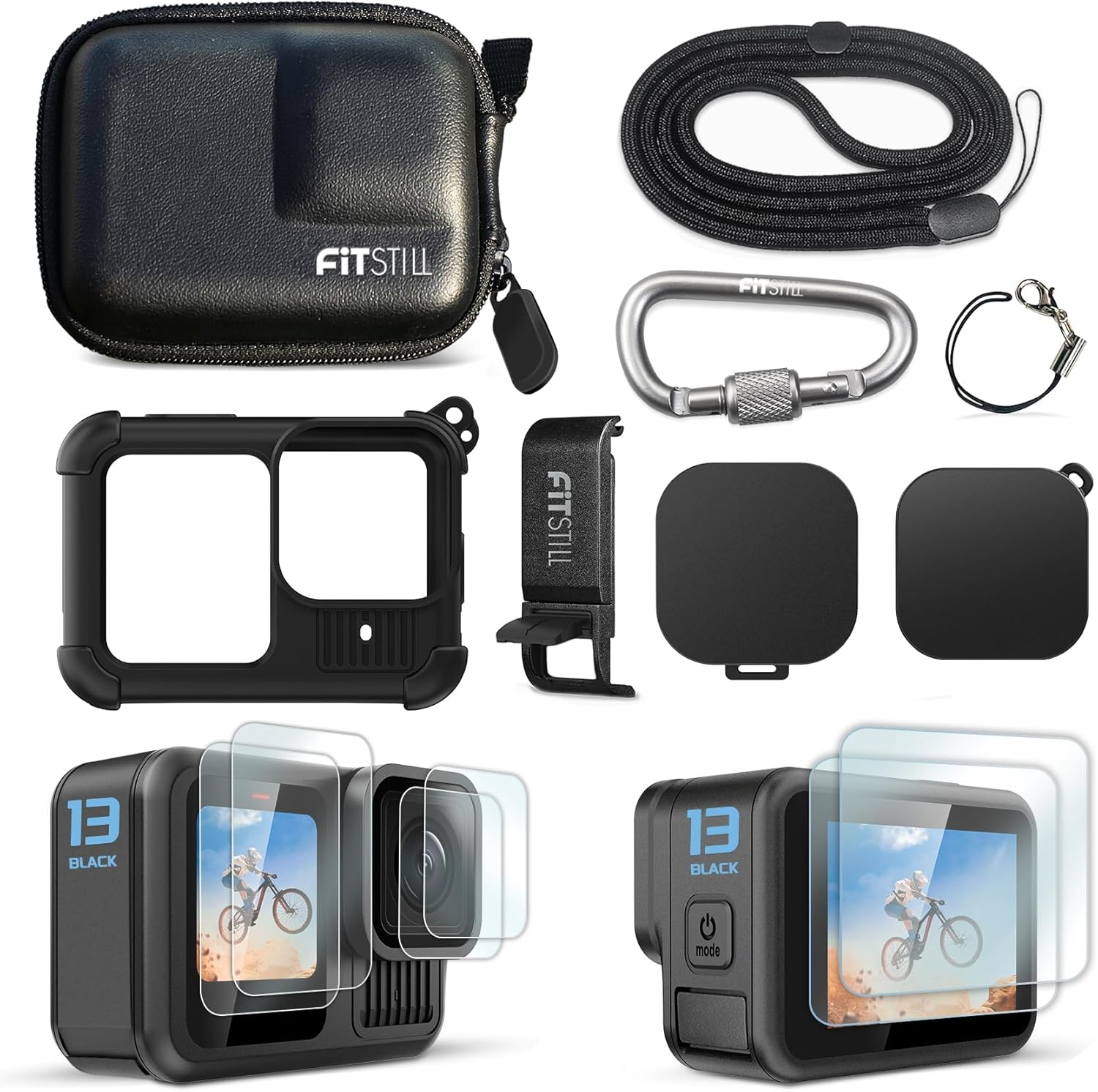 Fitstill PU Mini Carrying Case Silicone Sleeve Rubber Protective Case for Go Pro Hero 13 Black,Housing Case Replace Battery Side Cover&Screen Protectors&Lens Caps&Lanyard for Hero13 Accessories Kit image number 3