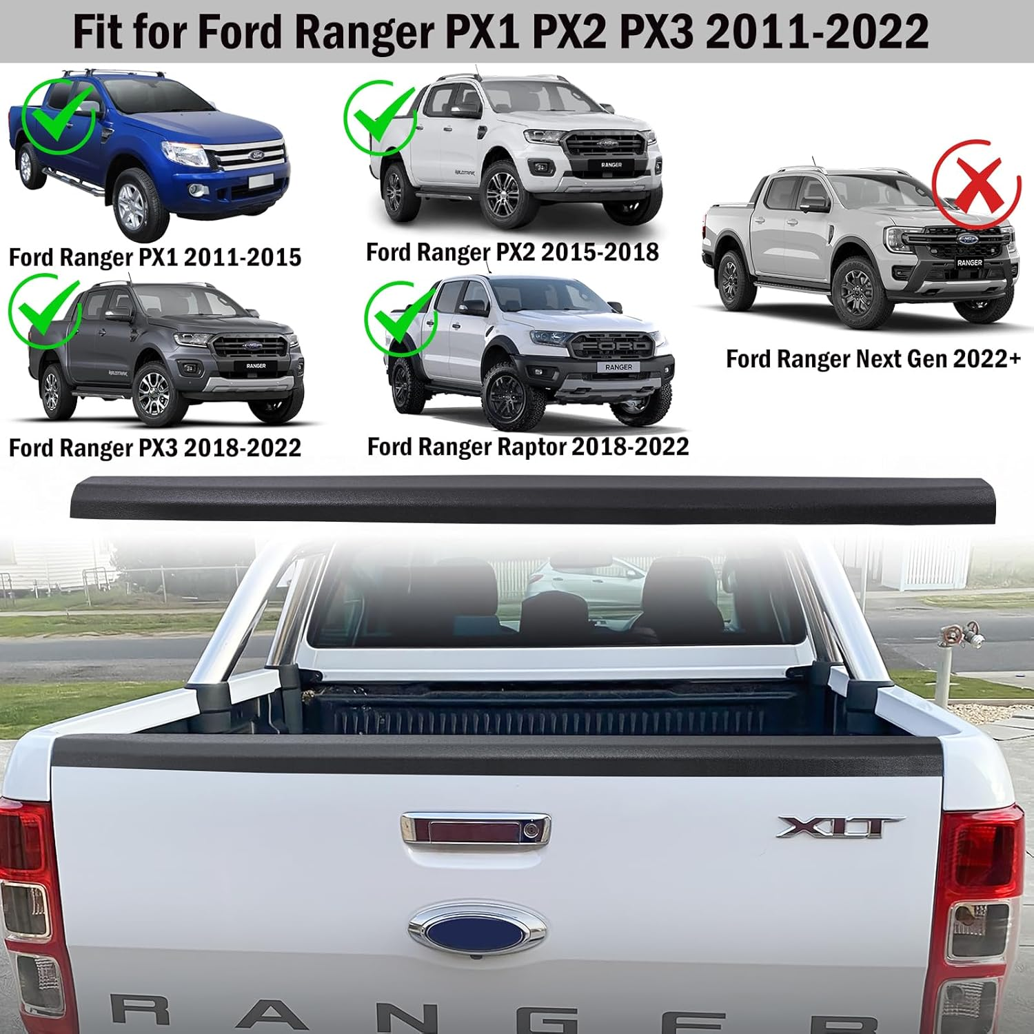Tailgate Protector for Ford Ranger Accessories PX1 PX2 PX3 2011-2022, Tailgate Cover Rail Guard Cap Trim Textured Matte Black, Car Exterior image number 4
