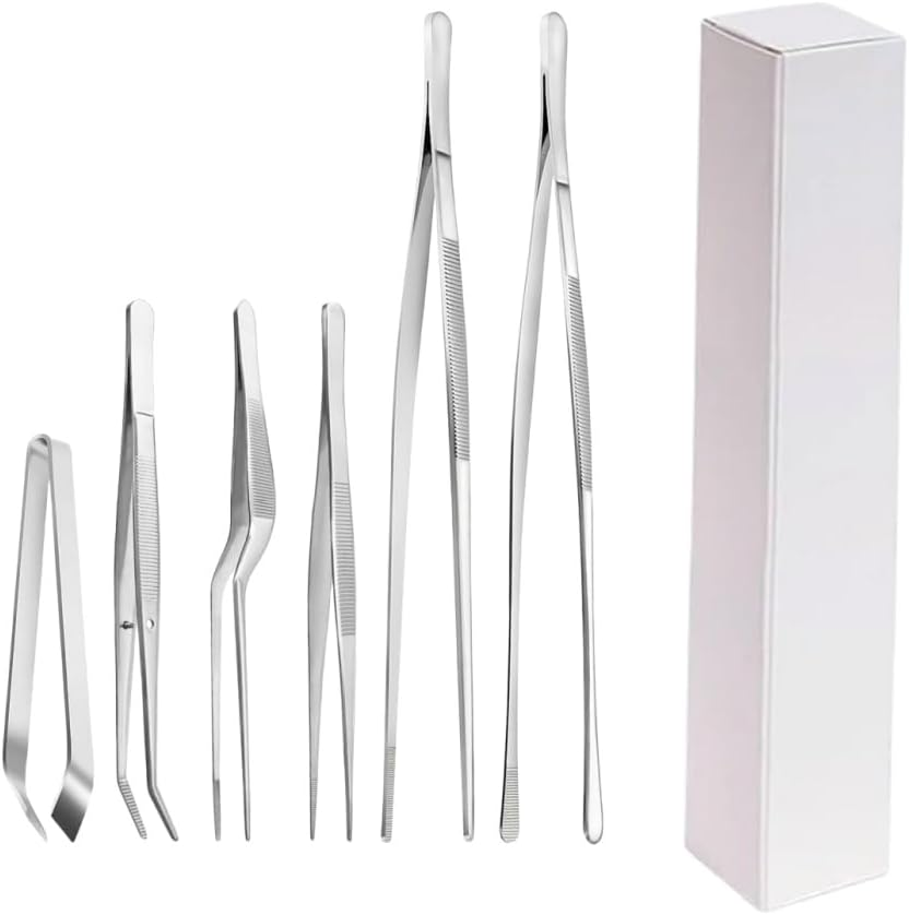 Loopunk 6 Pcs Cooking Tweezer Tongs, Stainless Steel Kitchen Tweezer Set, Professional Chef Tweezers for Cooking, Repairing, Sea Food, BBQ, Multi-Use(12'' and 6.3")