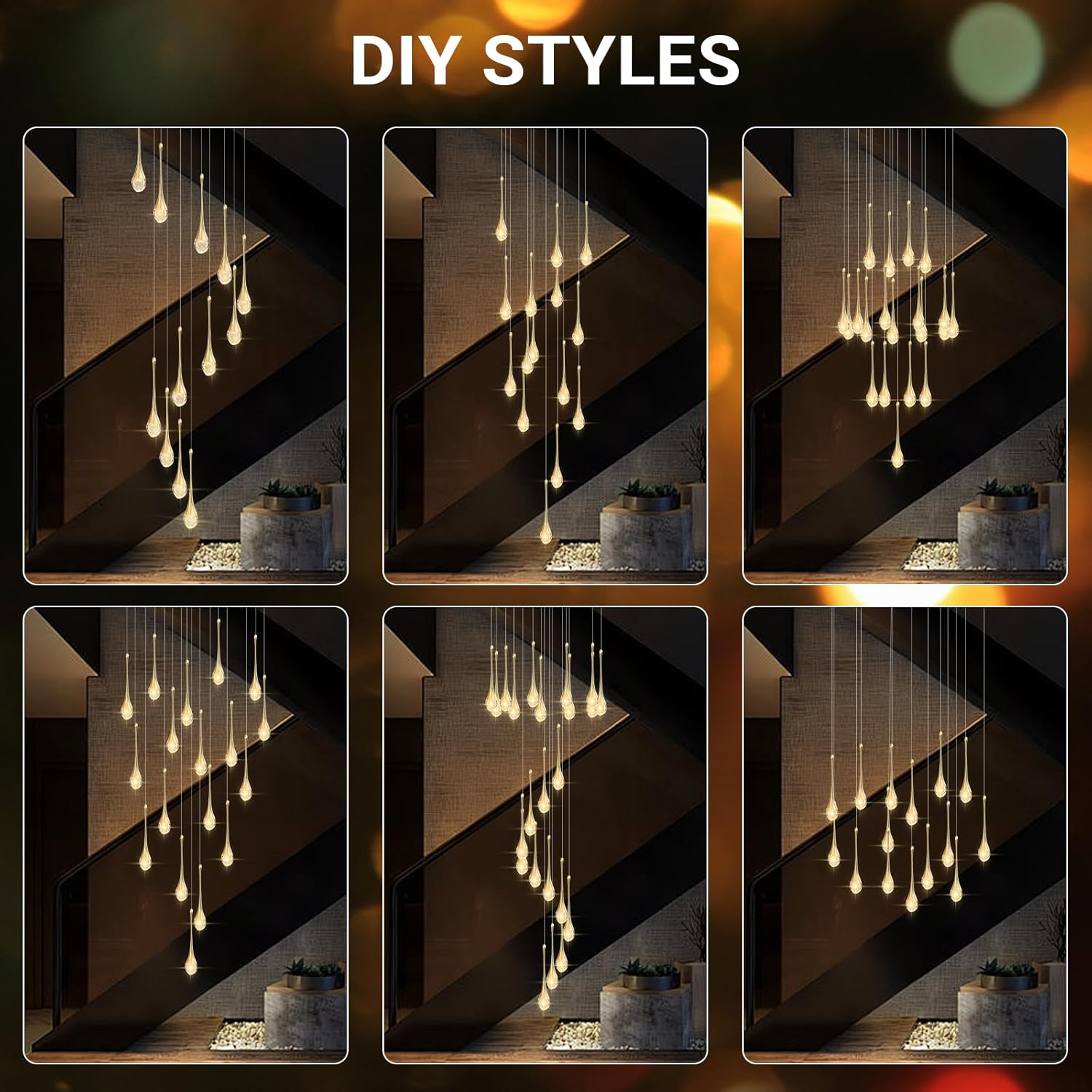 USOR 12-Light High Ceiling Chandeliers LED Modern Gold Crystal Raindrop Chandelier for Staircase Entryway 3 Colors Dimmable Spiral Large Pendant Light Luxury Chandelier for Living Room Lobby Remote