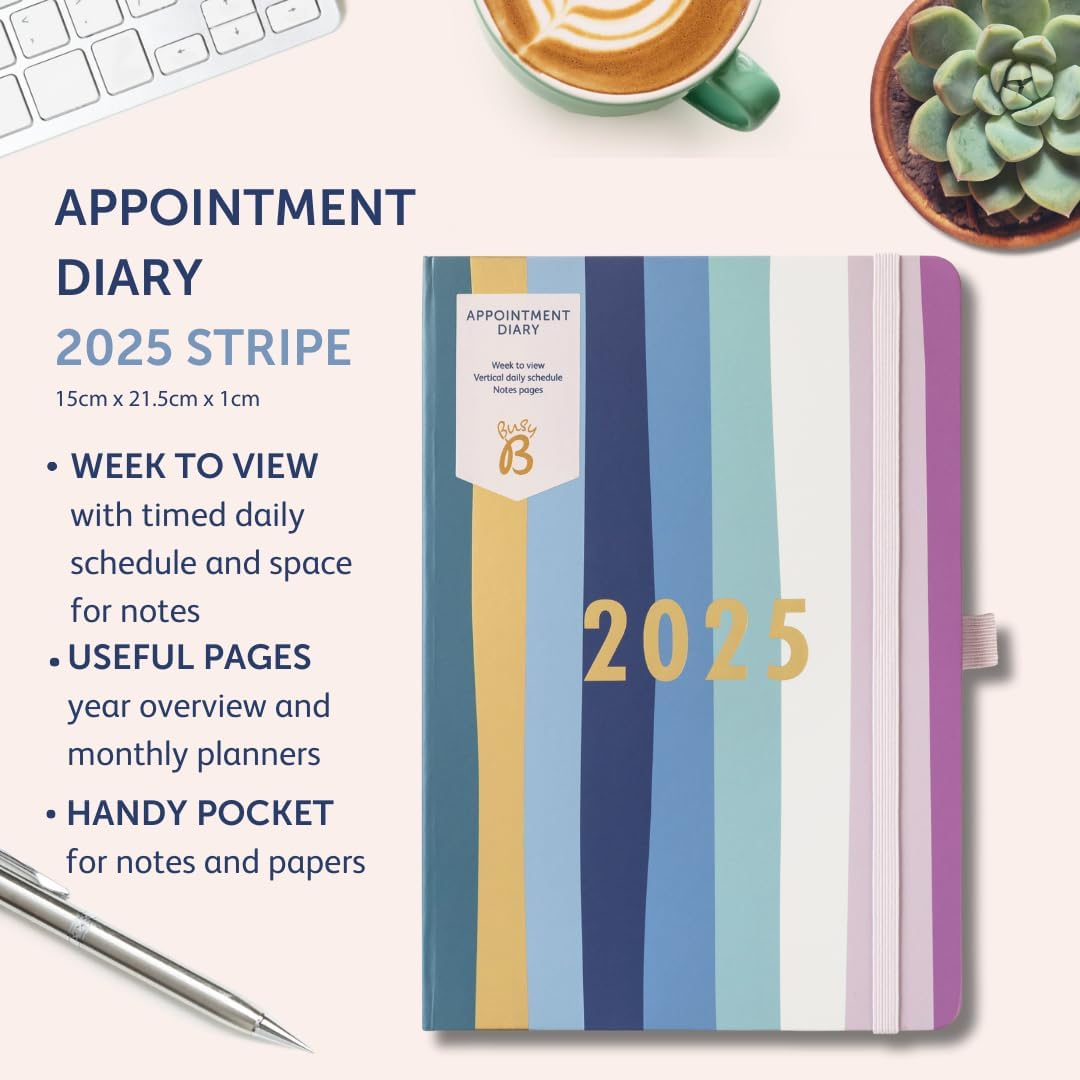 Busy B Appointment Weekly Planner Diary 2025 - Multicoloured Striped Faux Leather Cover &ndash; Manage a Busy Schedule with Week-To-View, Vertical Daily Schedules, Notes Pages & Elastic Closure Band image number 3