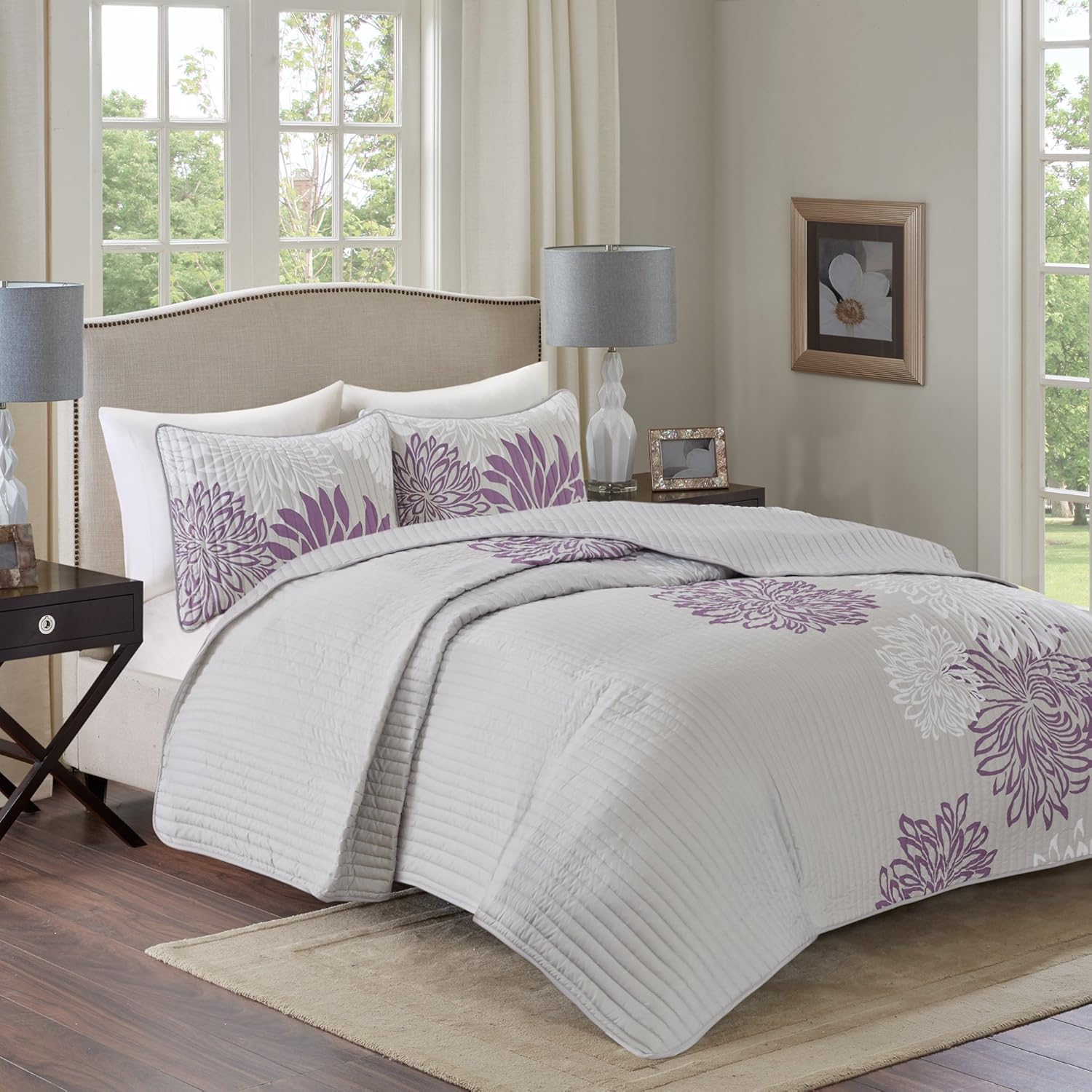 Comfort Spaces CS14-0066 Enya 3 Piece Quilt Coverlet Bedspread Ultra Soft Floral Printed Pattern Bedding Set, King, Purple-Grey image number 5