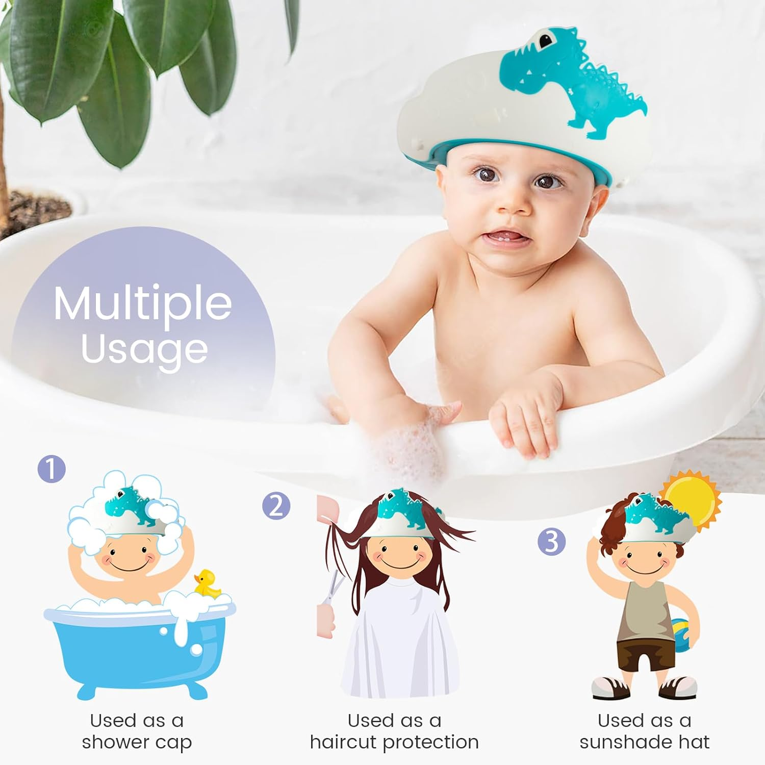 FUNUPUP Baby Shower Cap for Kids with Bath Rinse Cup, Adjustable Toddler Hair Washing Shield Hat Baby Bath Visor Shampoo Hat for Toddlers 6M-9T（Dinosaur Blue) image number 3