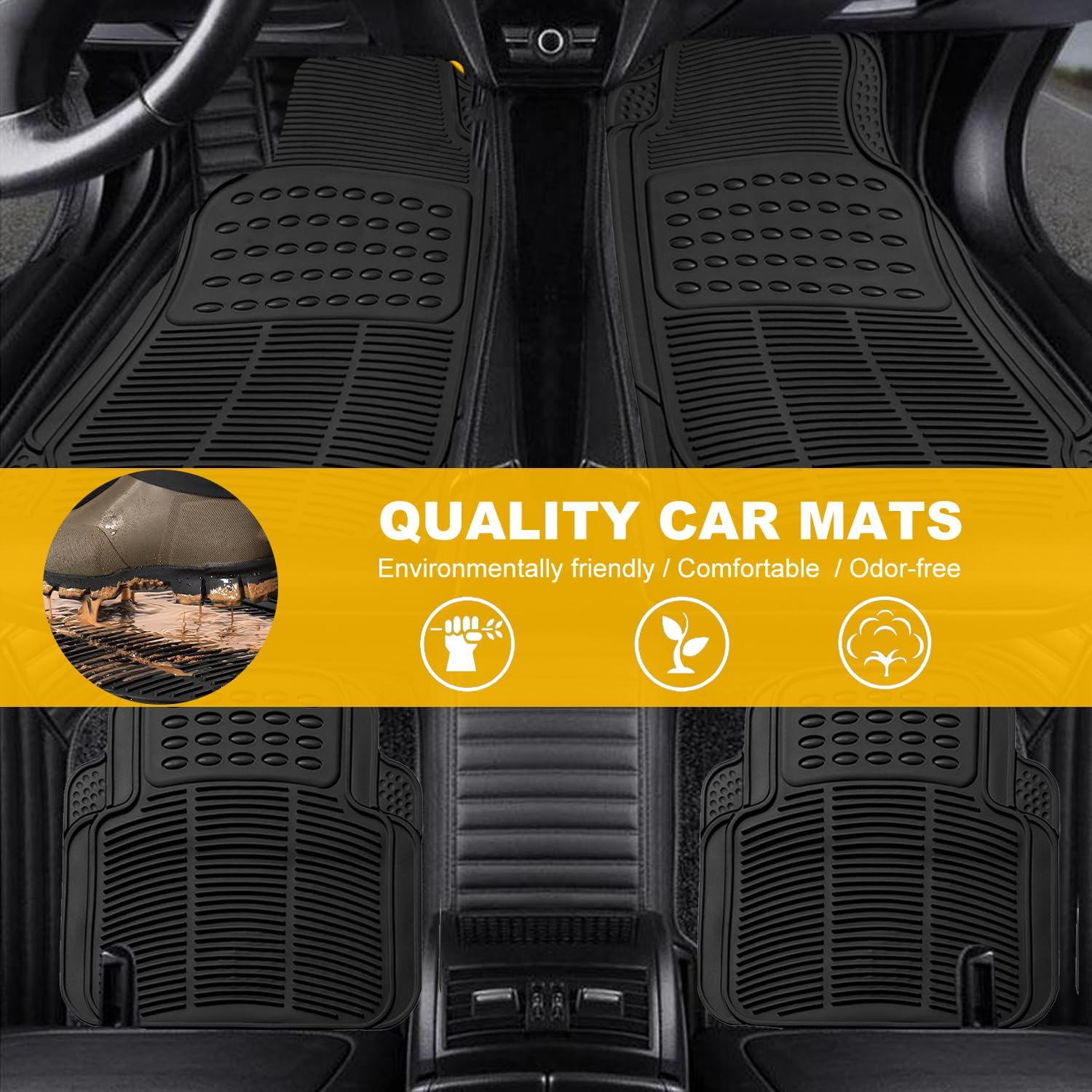 Automotive Floor Mats，4 PCS Heavy Duty Car Mats, Universal Car Mats Rubber Fit Full Set, All Weather Climaproof & Trimmable Rubber Floor Mats for Most Sedan, SUV, Truck image number 5