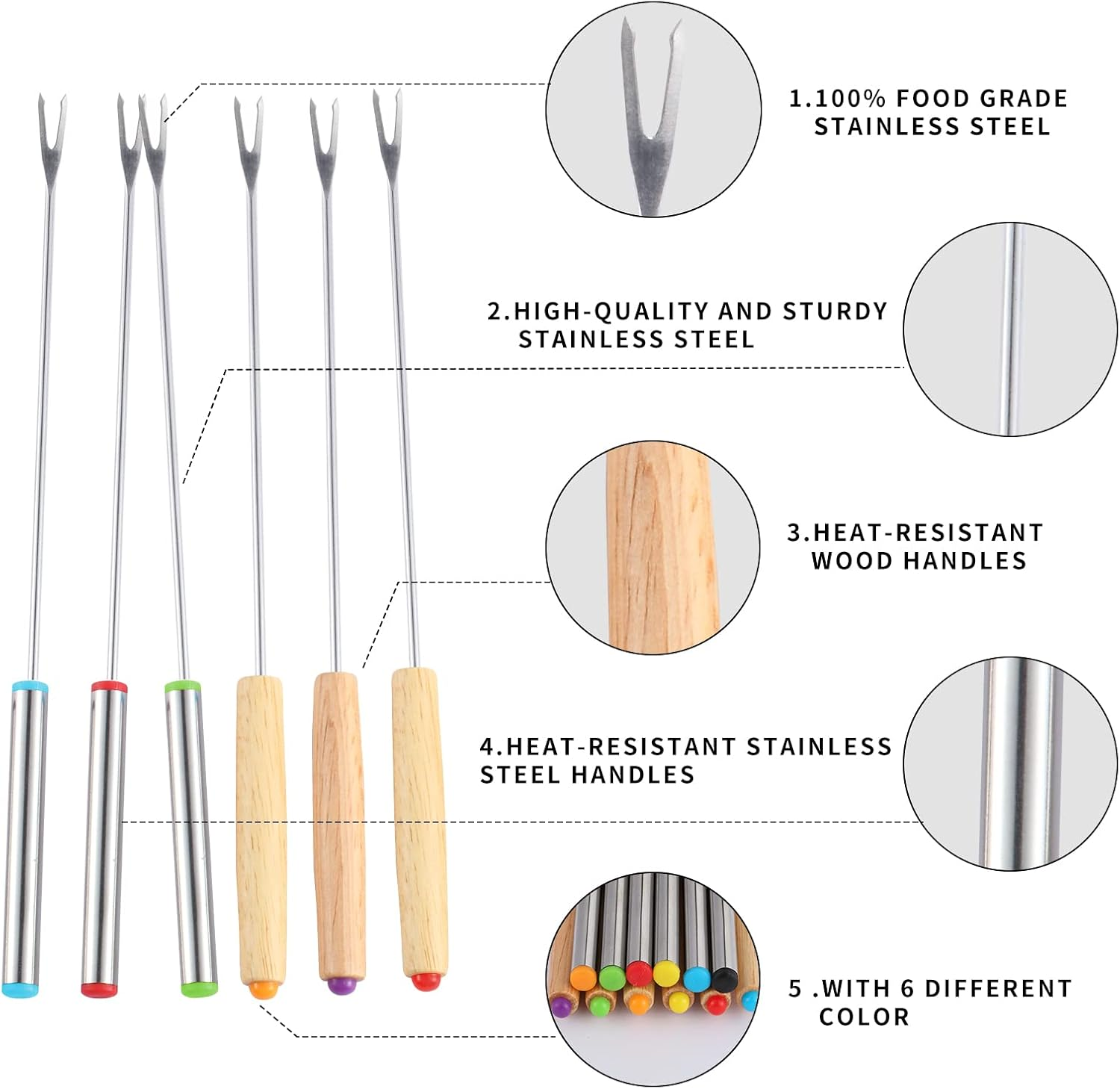24 Pack 9.6 Inch Stainless Steel Fondue Forks, 12 Wood Handles and 12 Stainless Steel Handles, Heat Resistant Smores Sticks for Roast Meat Chocolate Dessert Cheese Marshmallows (6 Colors) image number 2