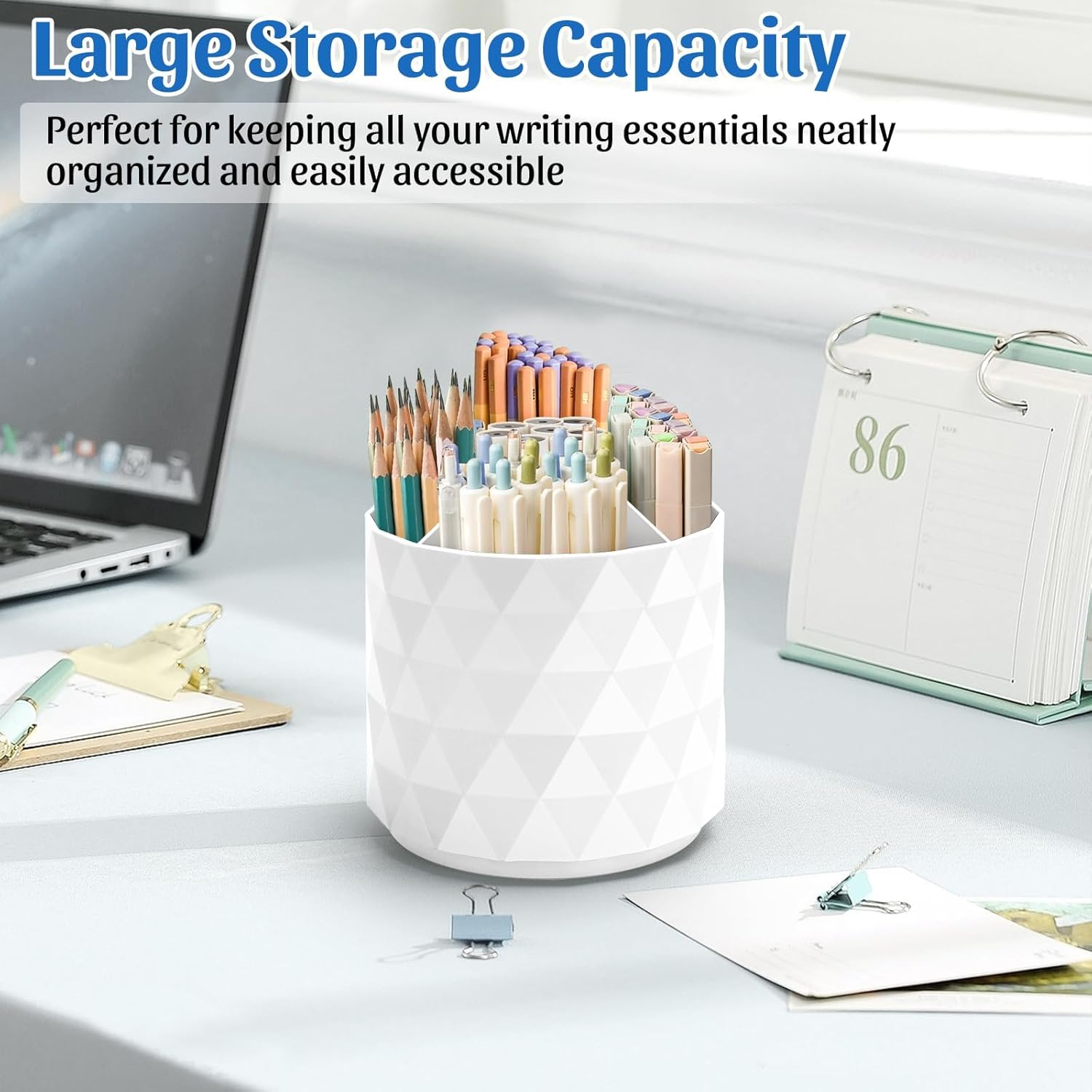 DUOMIAO Desk Organizer,Sparkling Diamond-Like Pen Holder for Desk 360&deg;Rotating Office Desk Accessories,Pencil Cup with 5 Compartments Storage Box Caddy for Office,School,Home,Art Supply. (White) image number 5