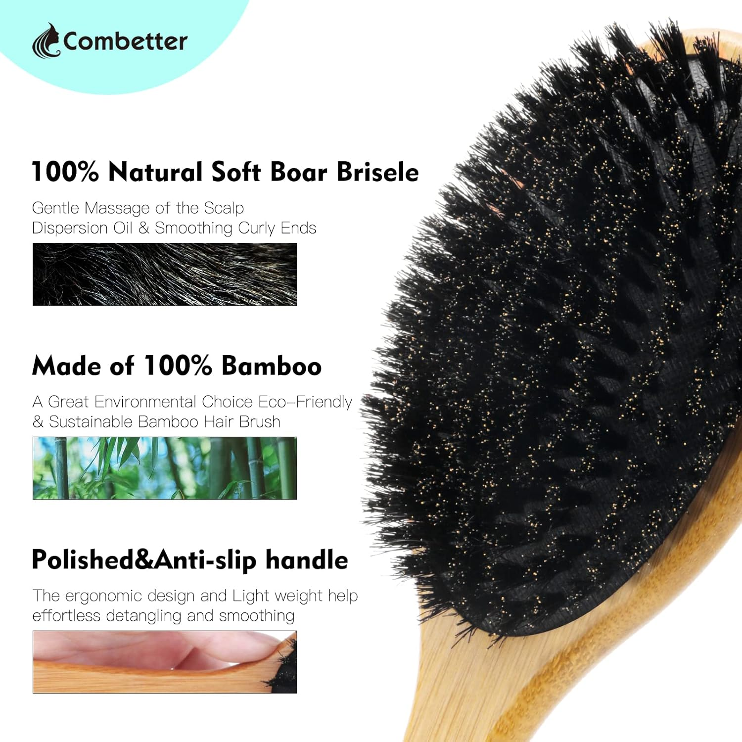 100% Boar Bristle Hair Brush, Eco-Friendly Hairbrush for Women Men & Kids, Hair Smoothing and Massaging Detangling, Enhance Shine & Health, Professional Hair Brush for All Hair Types image number 5