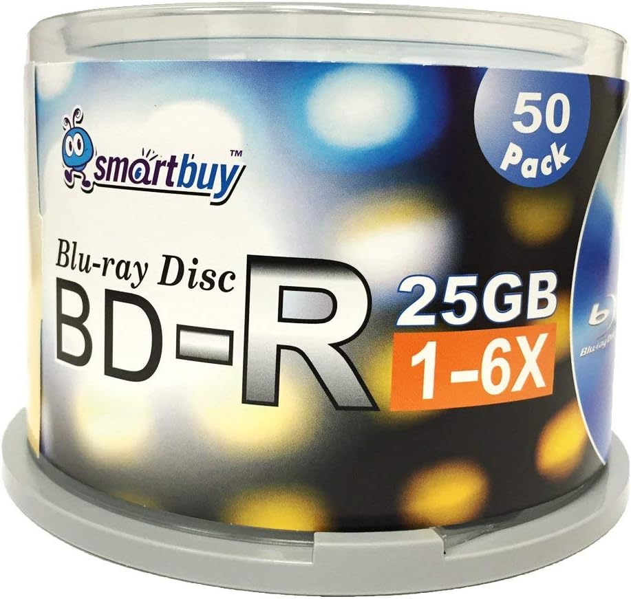 Smartbuy 50 Pack Bd-R 25Gb 6X Blu-Ray Single Layer Recordable Disc Logo Top Blank Data Video Media 50 Disc Spindle