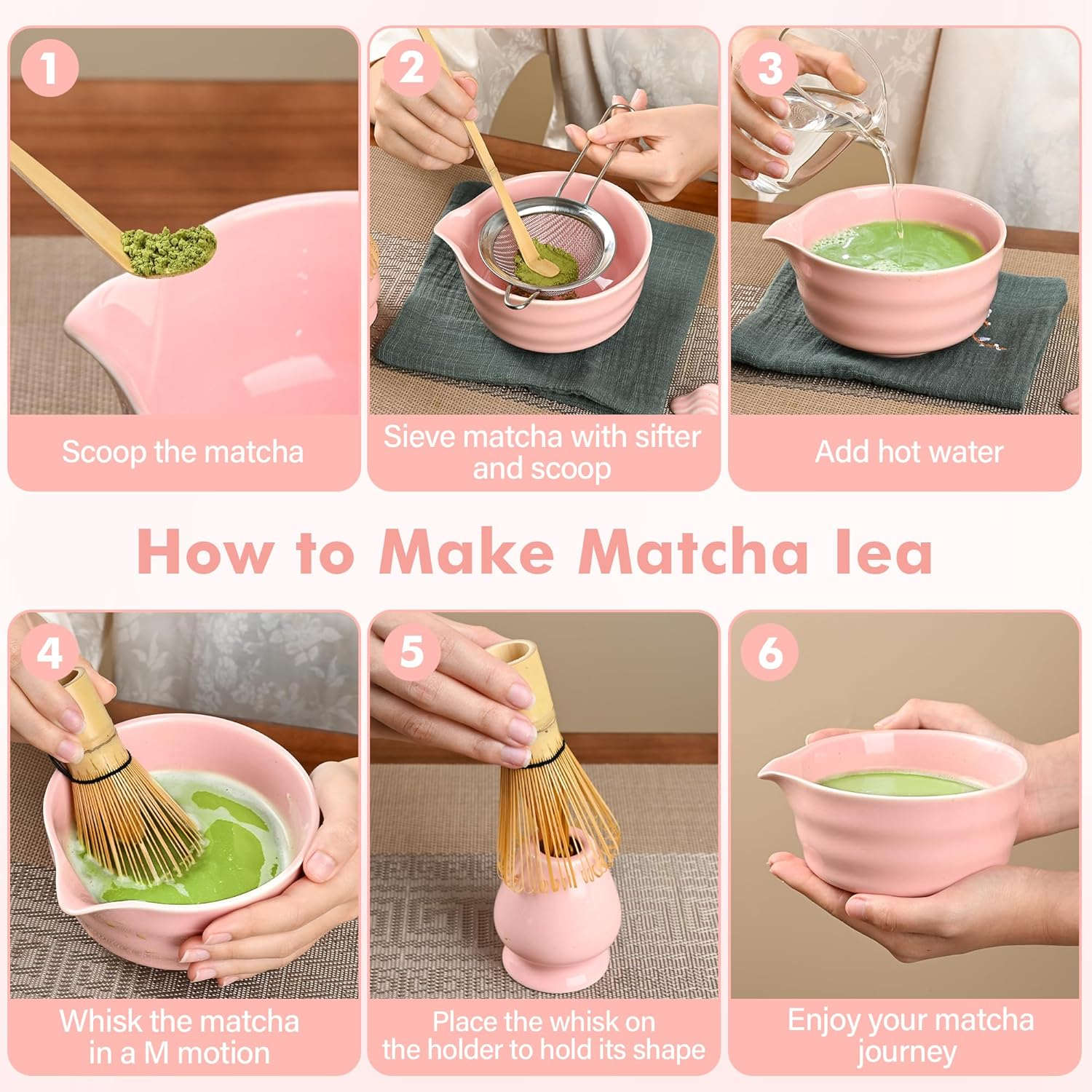 Matcha Whisk Set, Japanese Tea Set Includes Matcha Bowl, Matcha Whisk and Stand, Bamboo Spoon, Spoon Stand, Tea Towel and Stainless Steel Sieve - 17Oz Ceramic Matcha Set (Pink) image number 4
