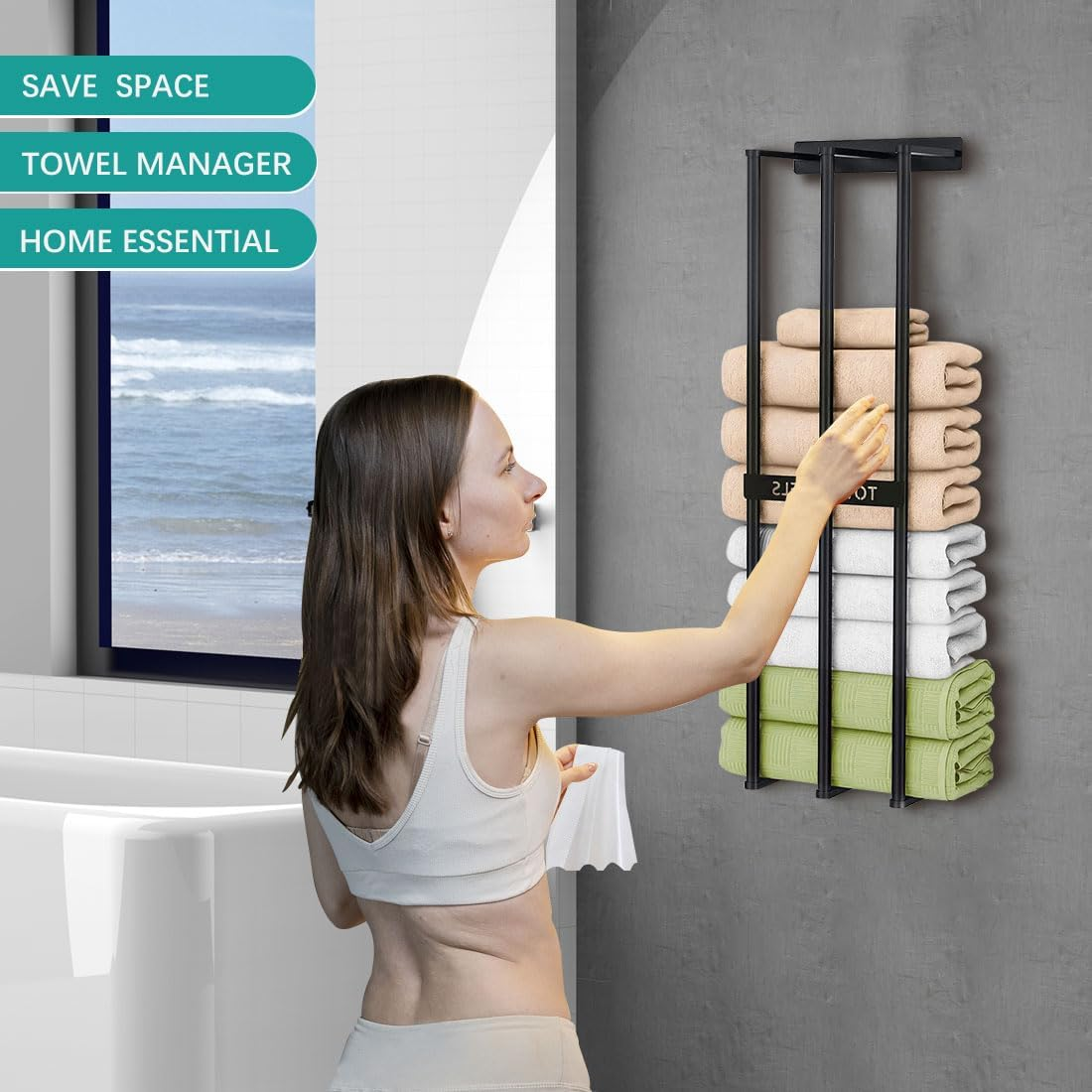 Bath Towel Bars,Towel Racks for Bathroom Wall Mounted, Towel Storage, Metal Bath Towel Holder for Folded Large Washcloths (Black) image number 1