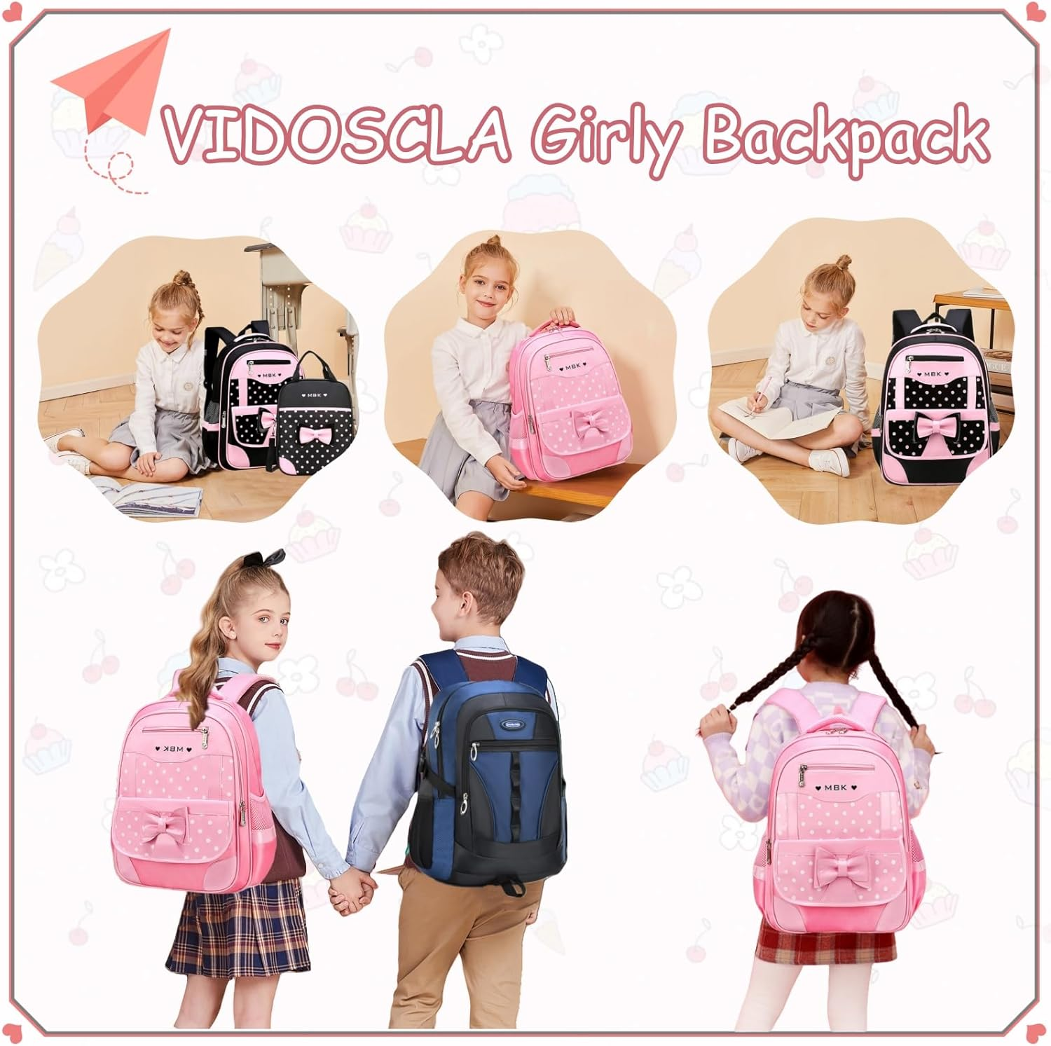 VIDOSCLA Bowknot Wave Point Prints Primary School Bookbag Rucksack Kids School Backpack Sets Student Book Bag for Students image number 3