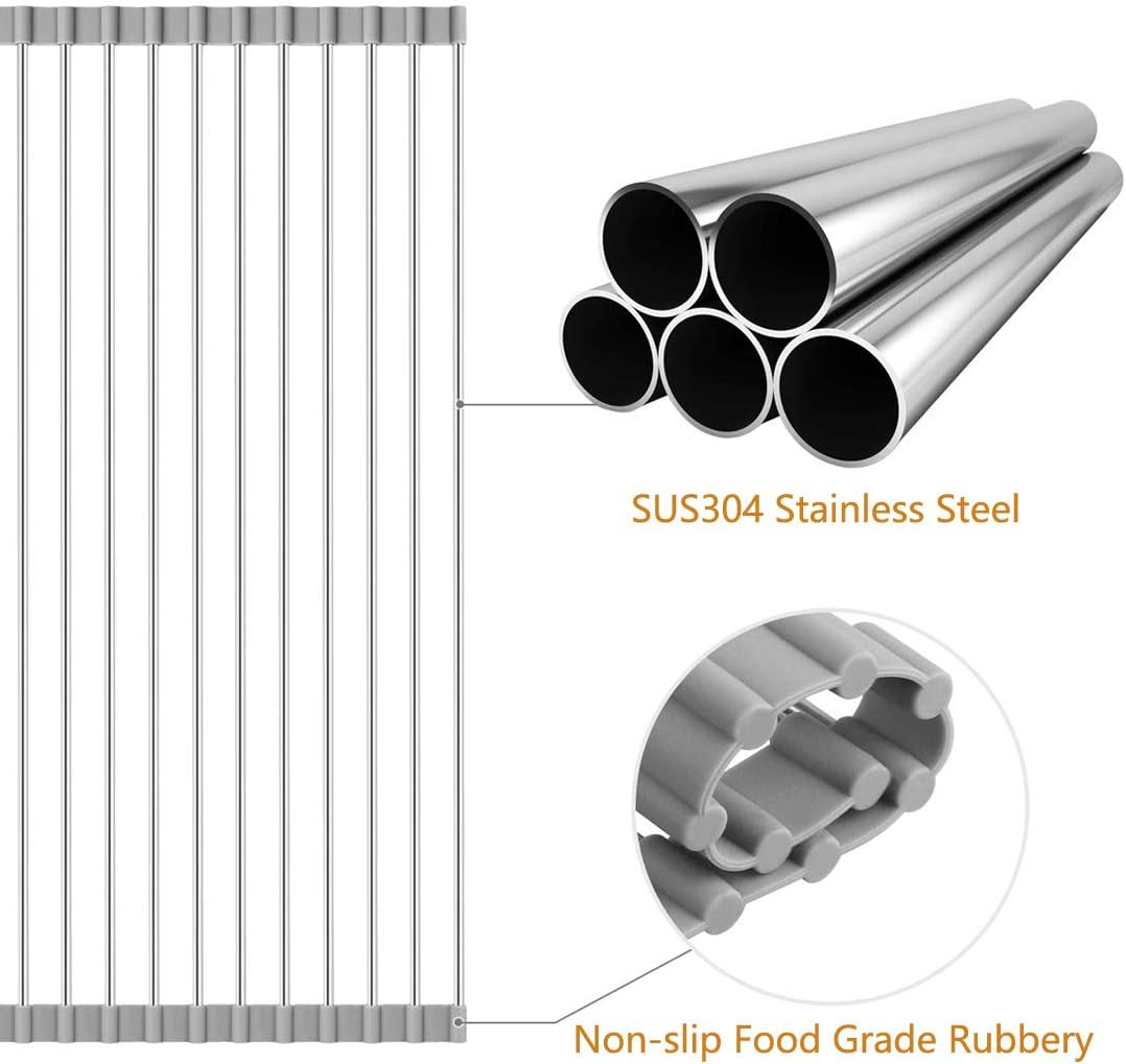 Homexpect over the Sink Dish Drying Rack 17.7 Inches X 16 Inches, 304 Stainless Steel Multipurpose Roll-Up Dish Rack, Foldable, Rollable and Easy to Store, Grey image number 2