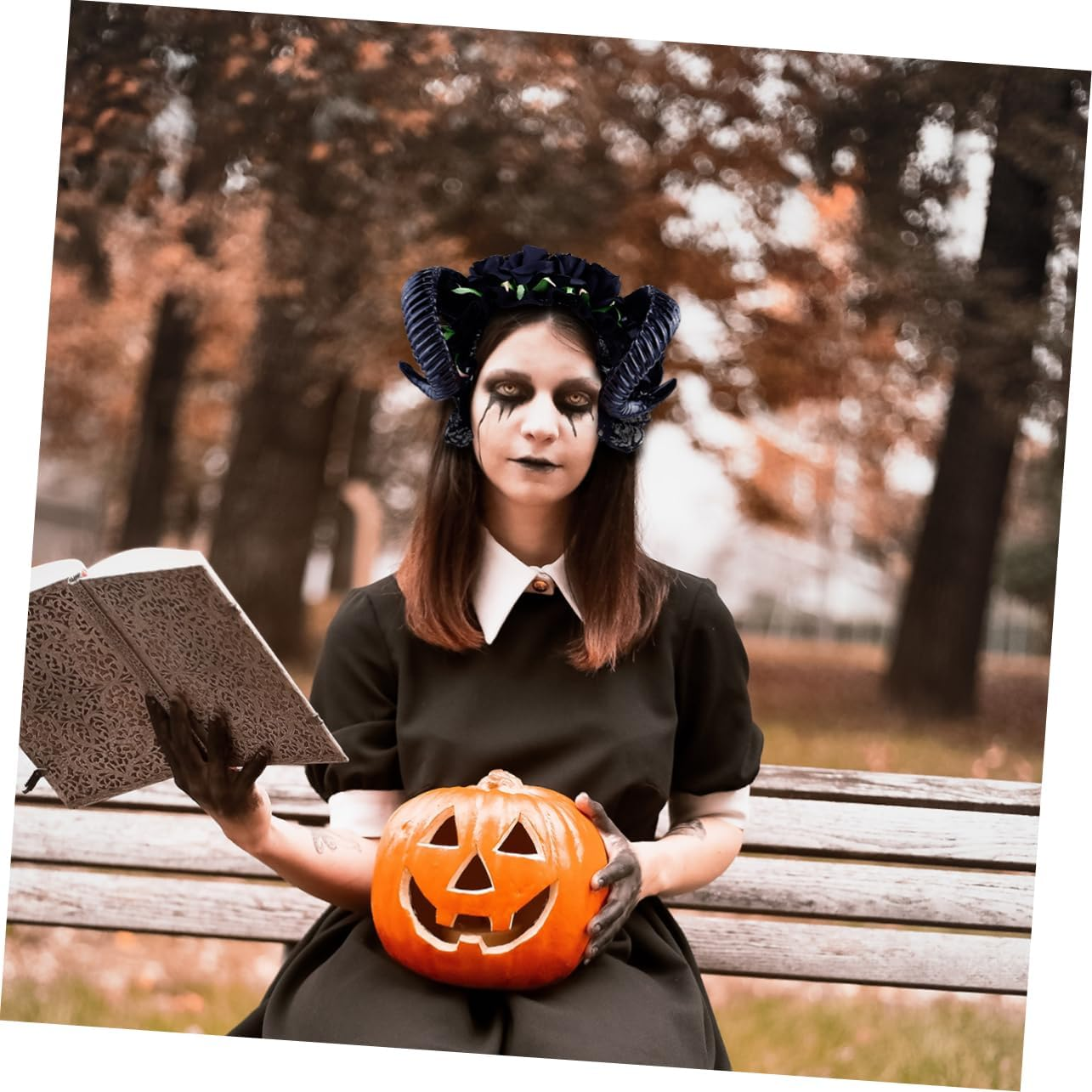 FRCOLOR Black Rose Headband Halloween Hair Band Simulation Horns Gothic Headband Hair Accessories for Vampire Demon Costume Party image number 2