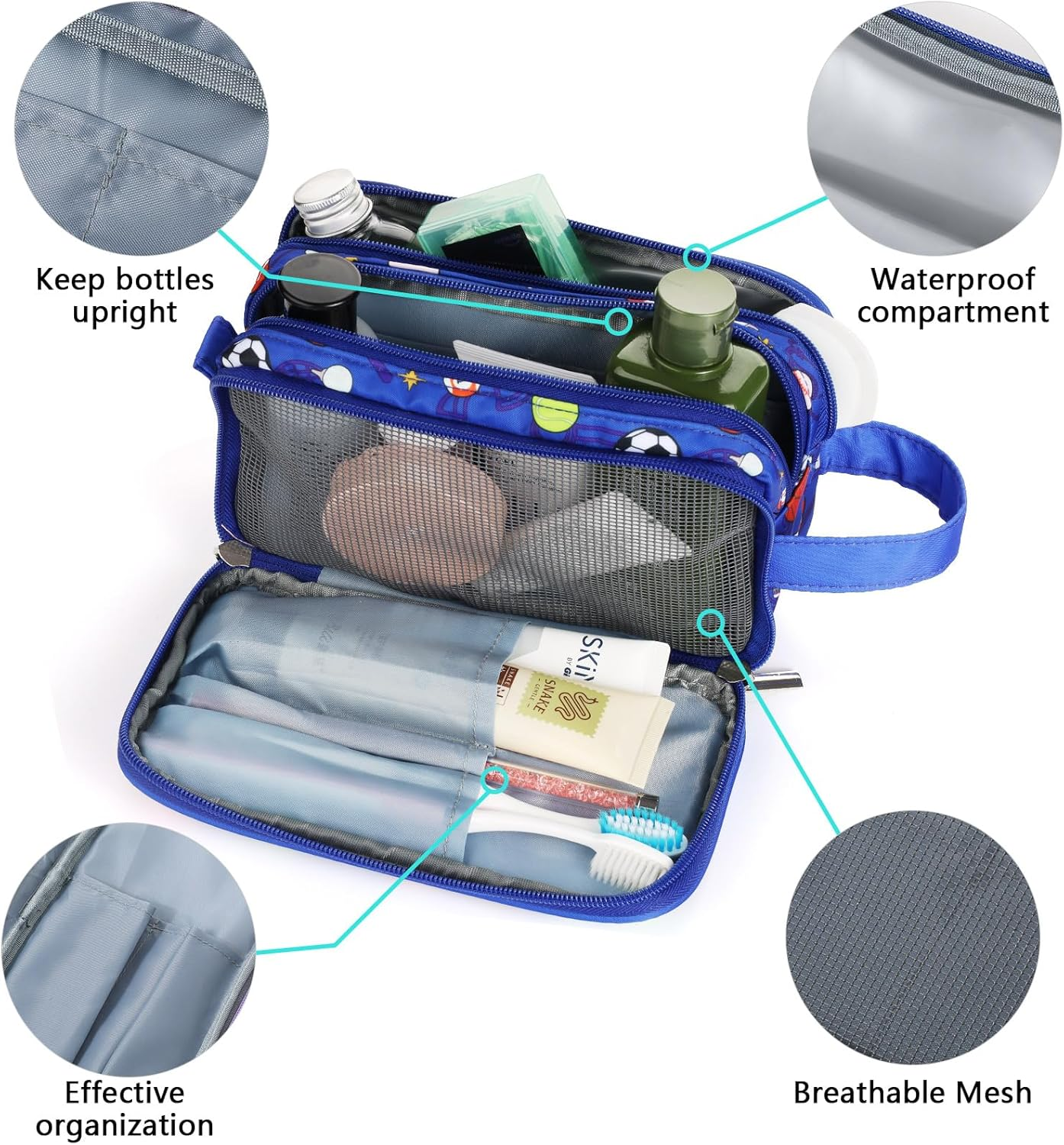 Vipdeal Kids Toiletry Bag for Girls and Boys, Soccer Balls - Black Dinosaur image number 6