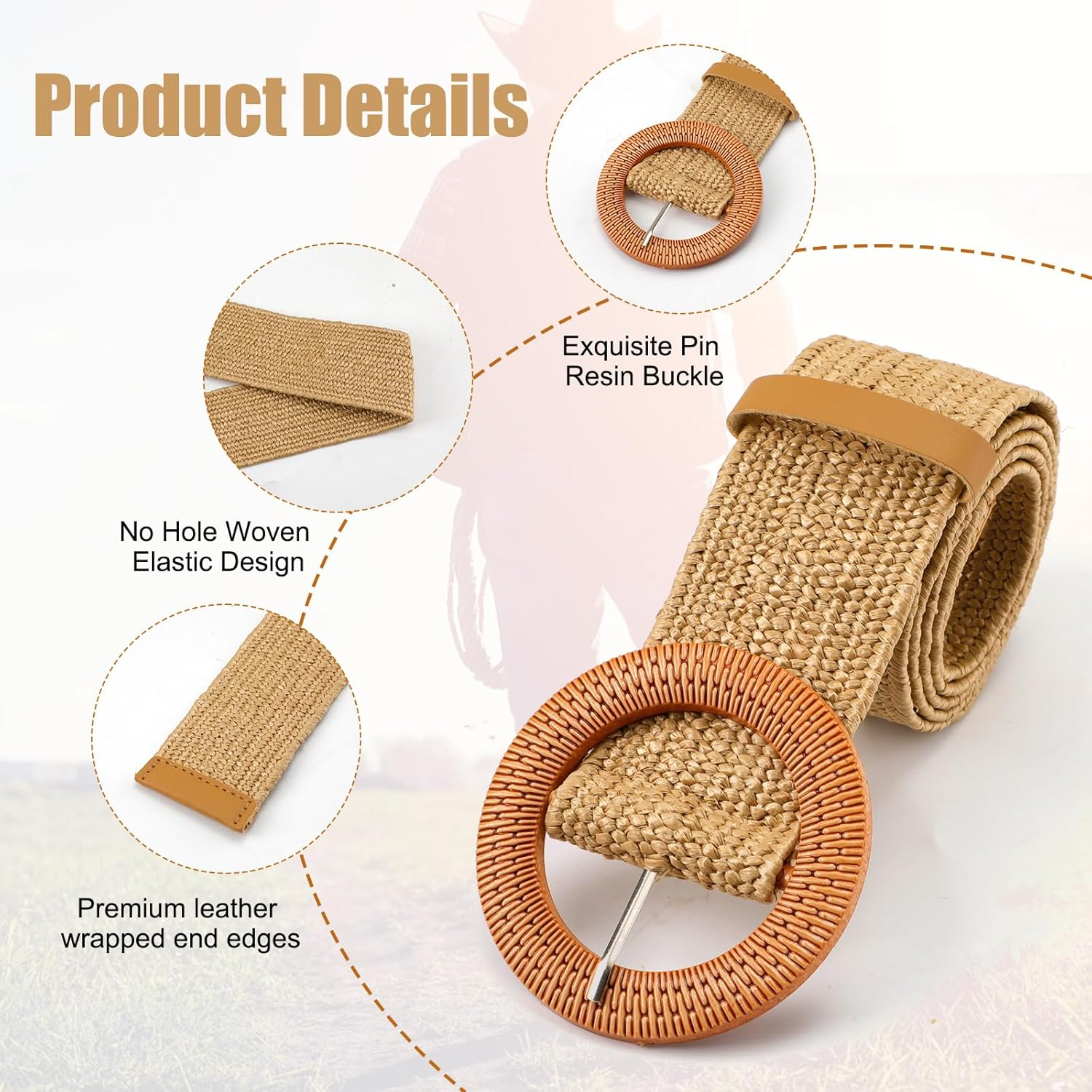 2Pcs Braided Waist Belts for Women, Straw Woven Elastic Belt Summer Dress Belts Boho Wide Stretch Braided Belt with Round image number 5