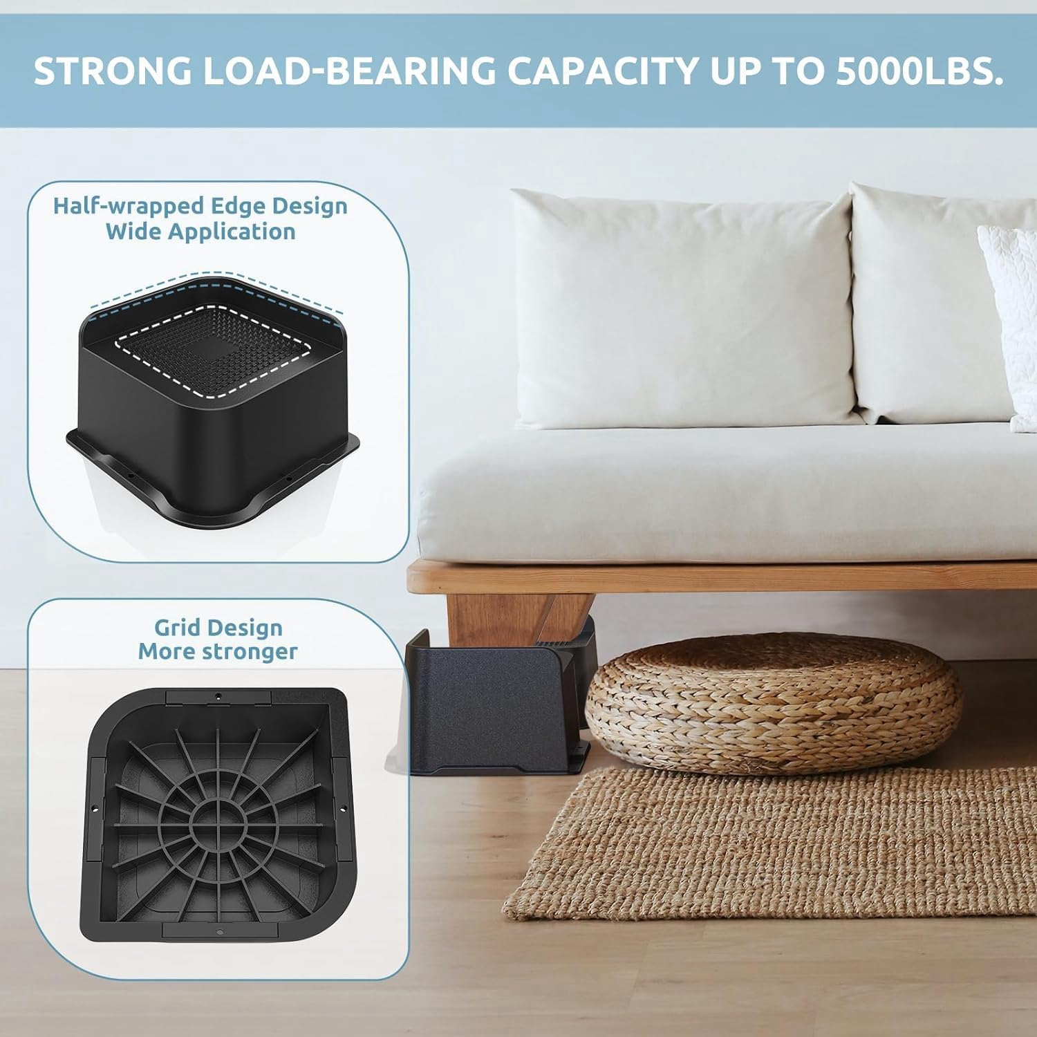 4 Pack Bed Risers 3 Inch Heavy Duty, 4.8X4.8In Wide Opening Furniture Risers, Black ABS Bed Lifts Risers for Sofa,Bed Frame,Tables image number 6