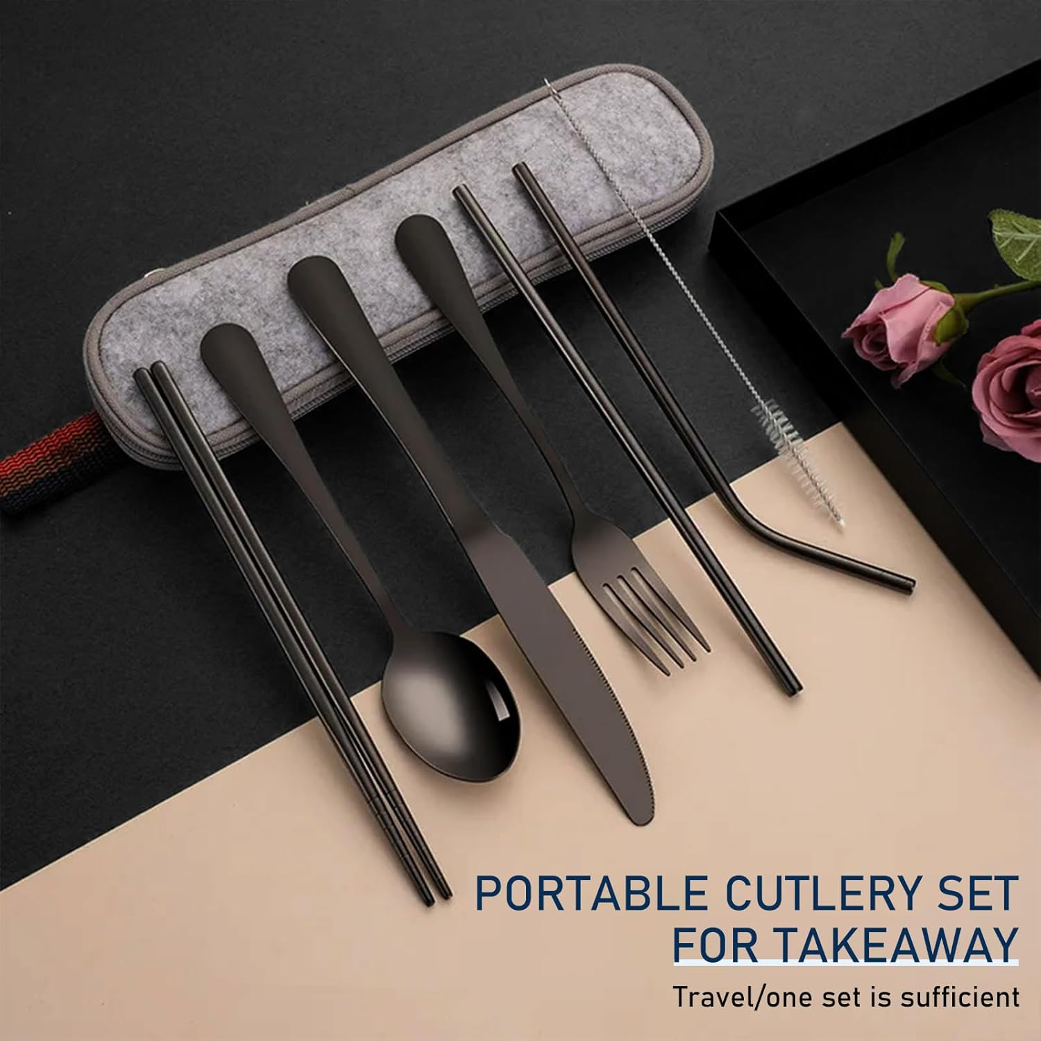 Portable Utensils Dinnerware Set, Travel Camping Cutlery Set - Including Knife Fork Spoon Chopsticks Cleaning Brush Straws Portable Case, 8 Piece Stainless Steel Flatware (Black Cutlery) image number 4