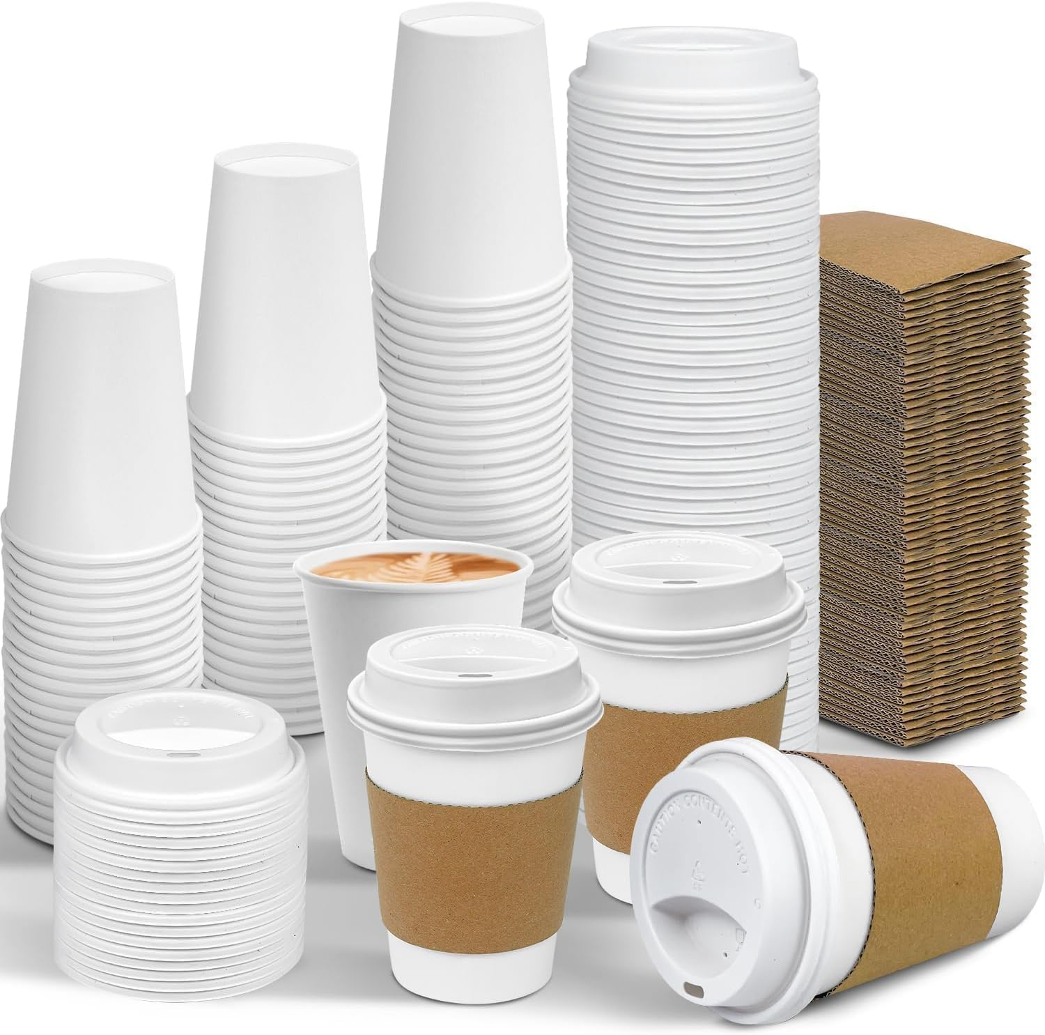50 Pack 12 Oz Disposable Coffee Cups with Lids and Sleeves Leak-Proof White Paper Cups, Insulated to Go Hot Beverage Cups, White image number 2