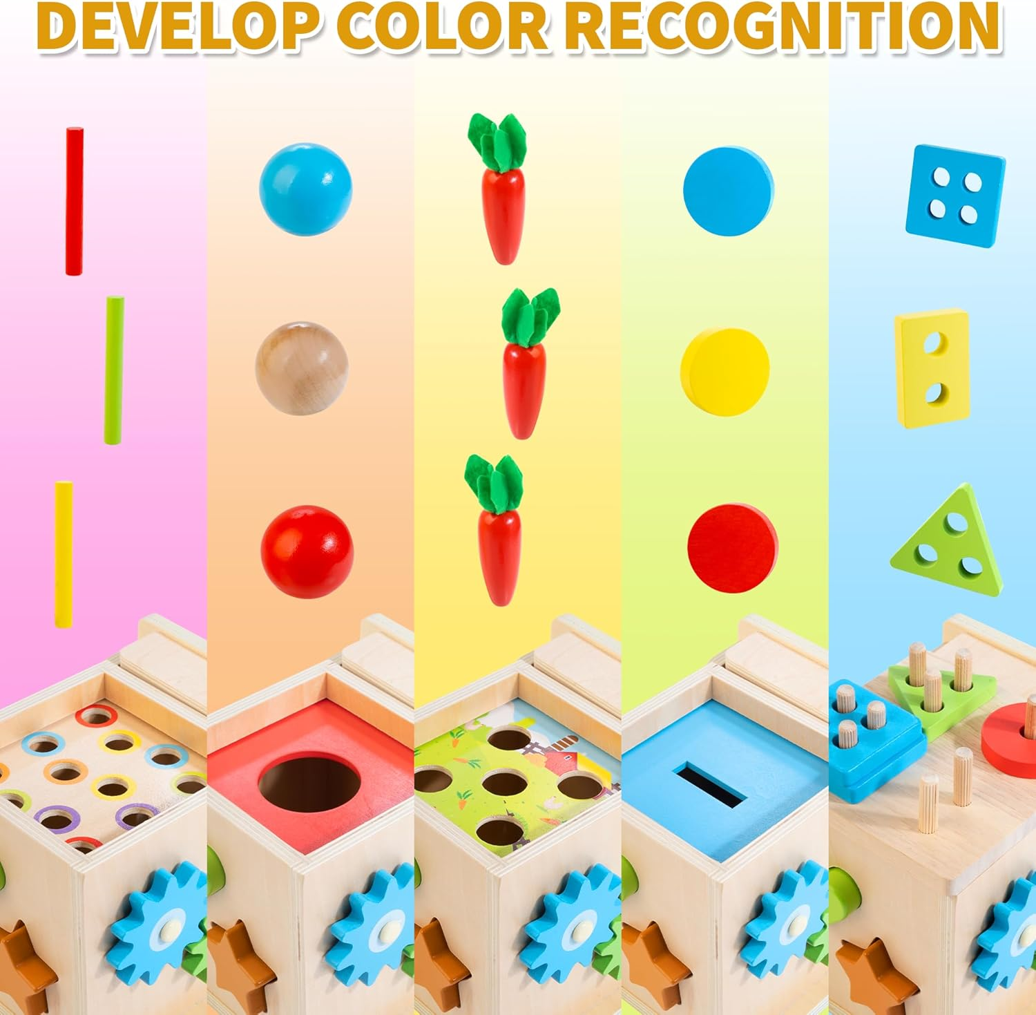 Wooden Montessori Baby Toys, 8-In-1 Wooden Play Kit Includes Object Permanent Box, Coin Box, Carrot Harvest, Shape Sorting & Stacking - Montessori Toys for Boys Girls Toddlers (Standard Edition) image number 2