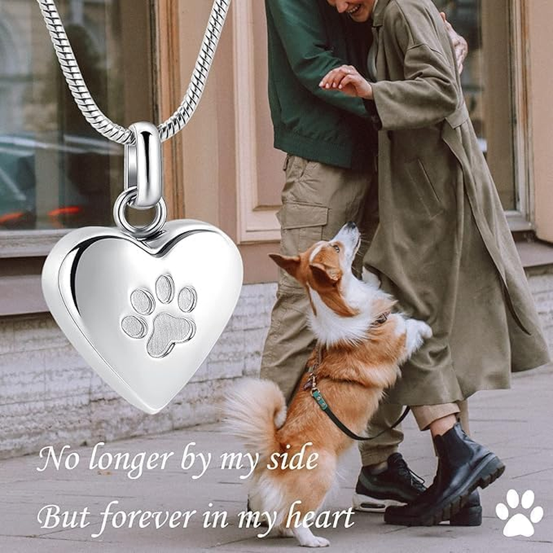 Heart-Shaped Pet Cremation Jewelry Pendant for Ashes - Paw Print Urn Necklace Memorial Keepsake for Dogs & Cats (Silver, One Size) image number 1