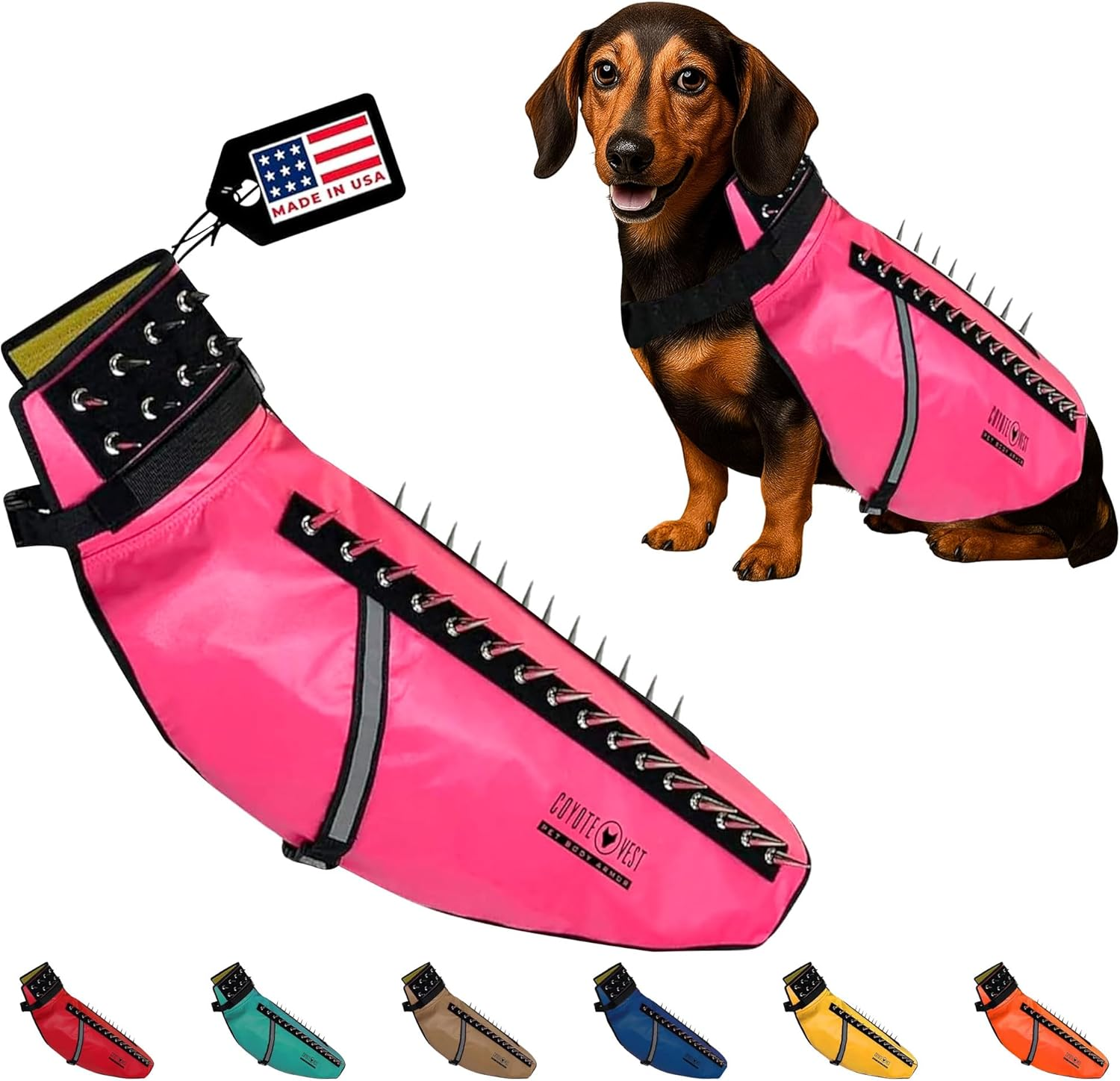 Coyotevest Dog Harness Protection Vest, Reflective Dog Accessories with Spikes to Shield Your Pet from Raptor and Animal Attacks, Proudly Made in America (Medium, Pink)