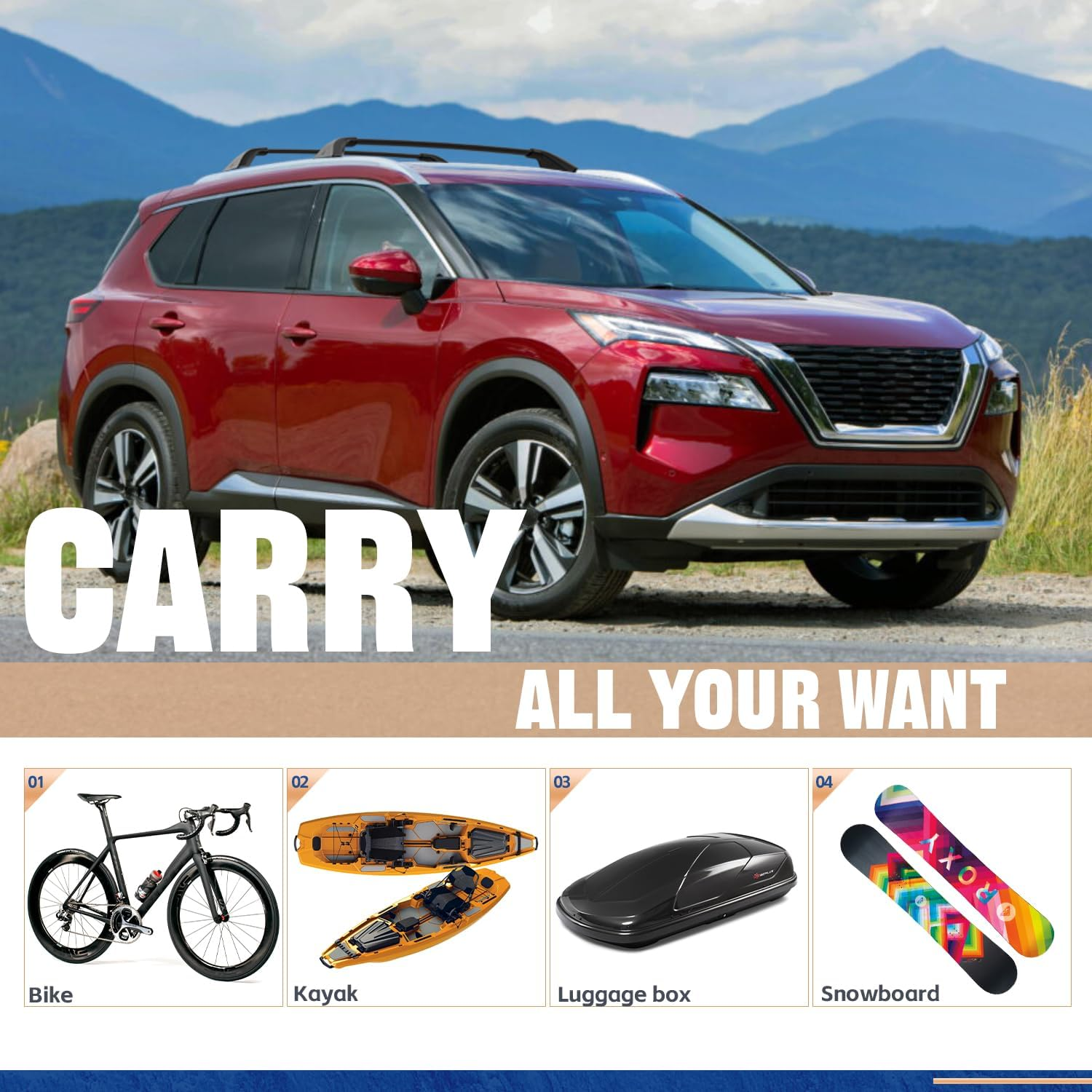 &lrm;AUXPACBO Cross Bar Fit for Nissan Rogue 2021 2022 2023 2024 2025 SV SL Platinum with Roof Rail Roof Rack Crossbars Rooftop Luggage Cargo Carrier for Canoe Kayak Bike image number 5