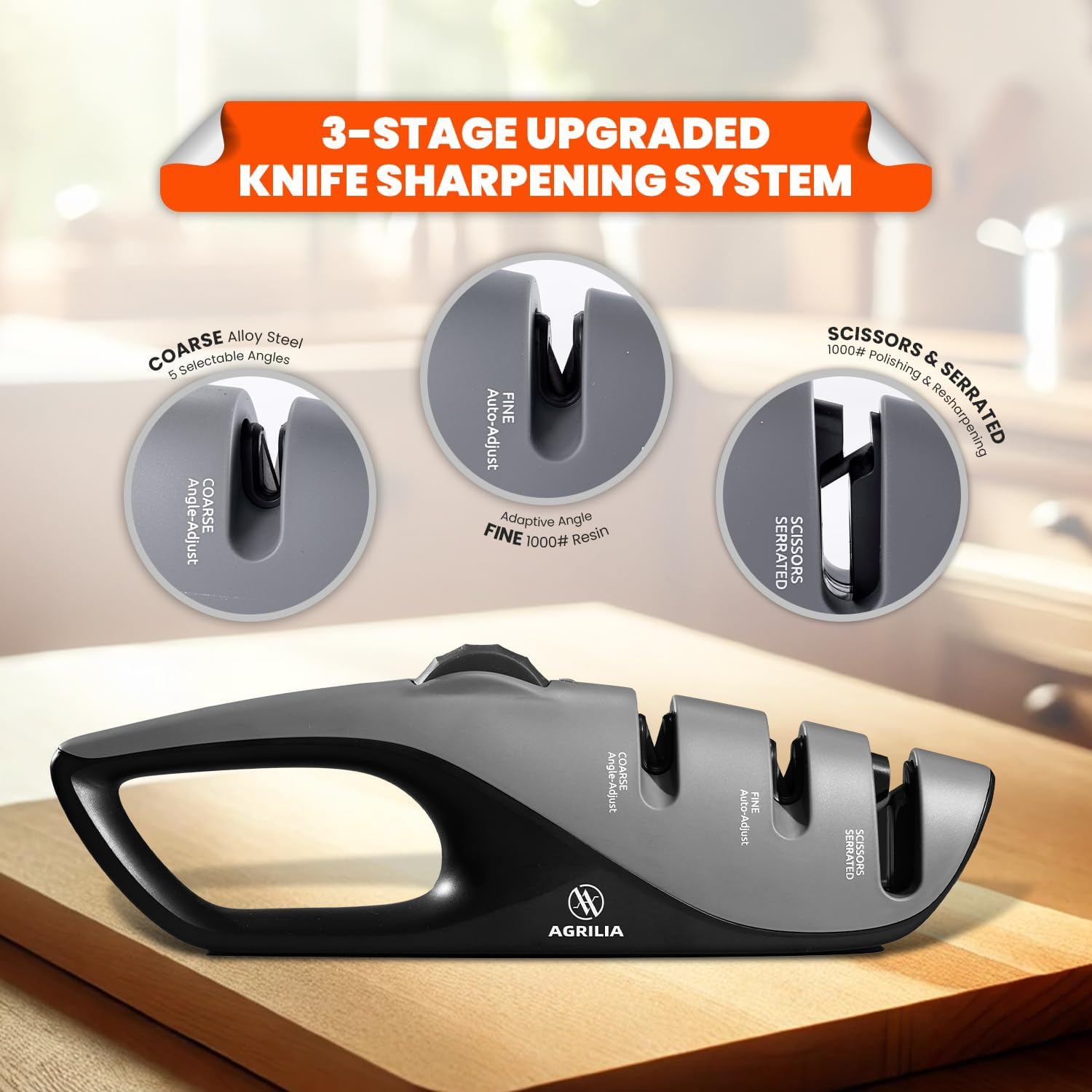 Agrilia Premium Knife Sharpener with Adjustable Angle Knob - Manual Sharpening Tool for Knives & Scissors, Includes Gift Chef'S Knife - Repair & Polish Blades, Non-Slip Grip for Safety image number 1