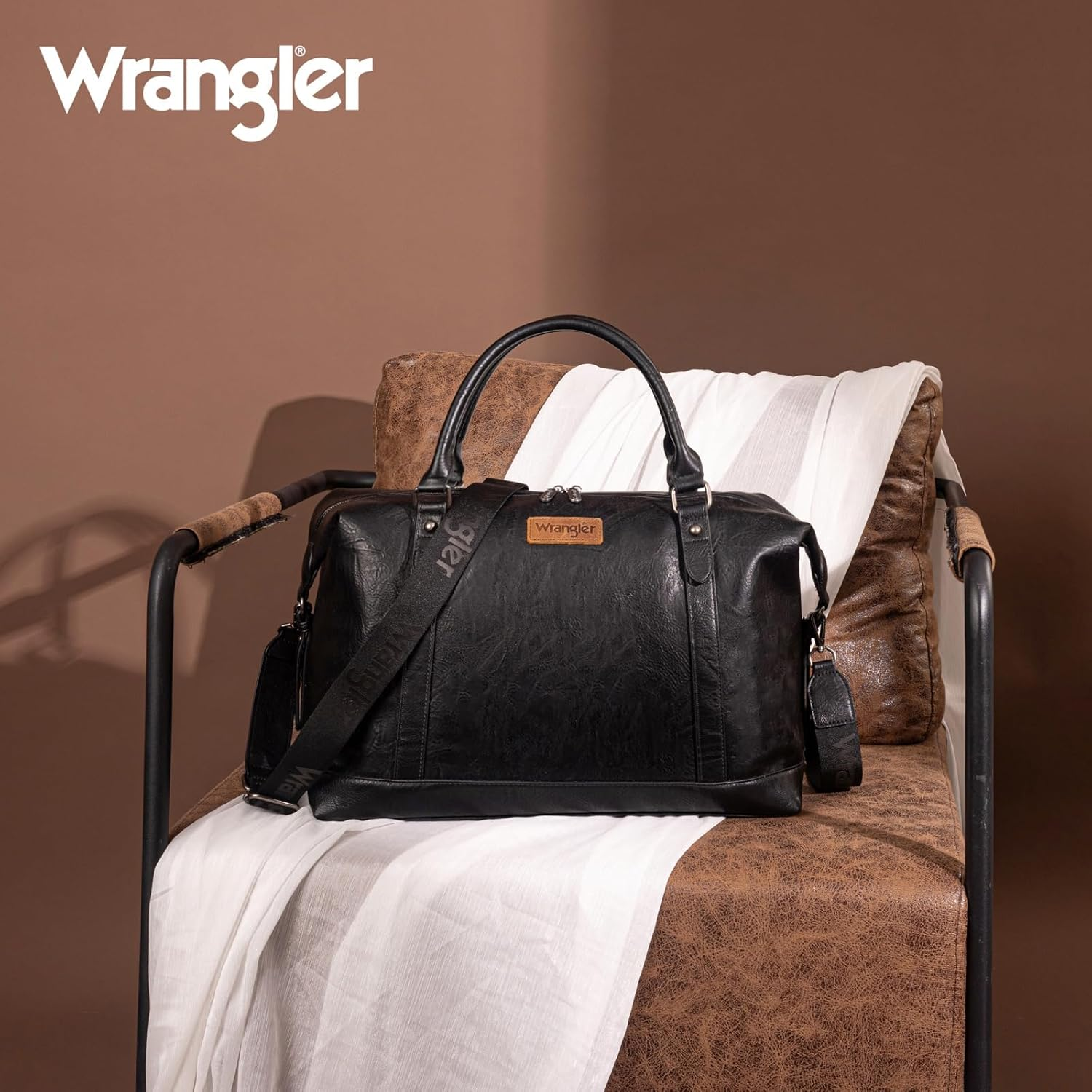 Wrangler Duffle Bag for Travel Large Weekender Bags for Women Waterproof Carry on Overnight Bag, Black, Large, Minimalist - Black And Brown image number 3