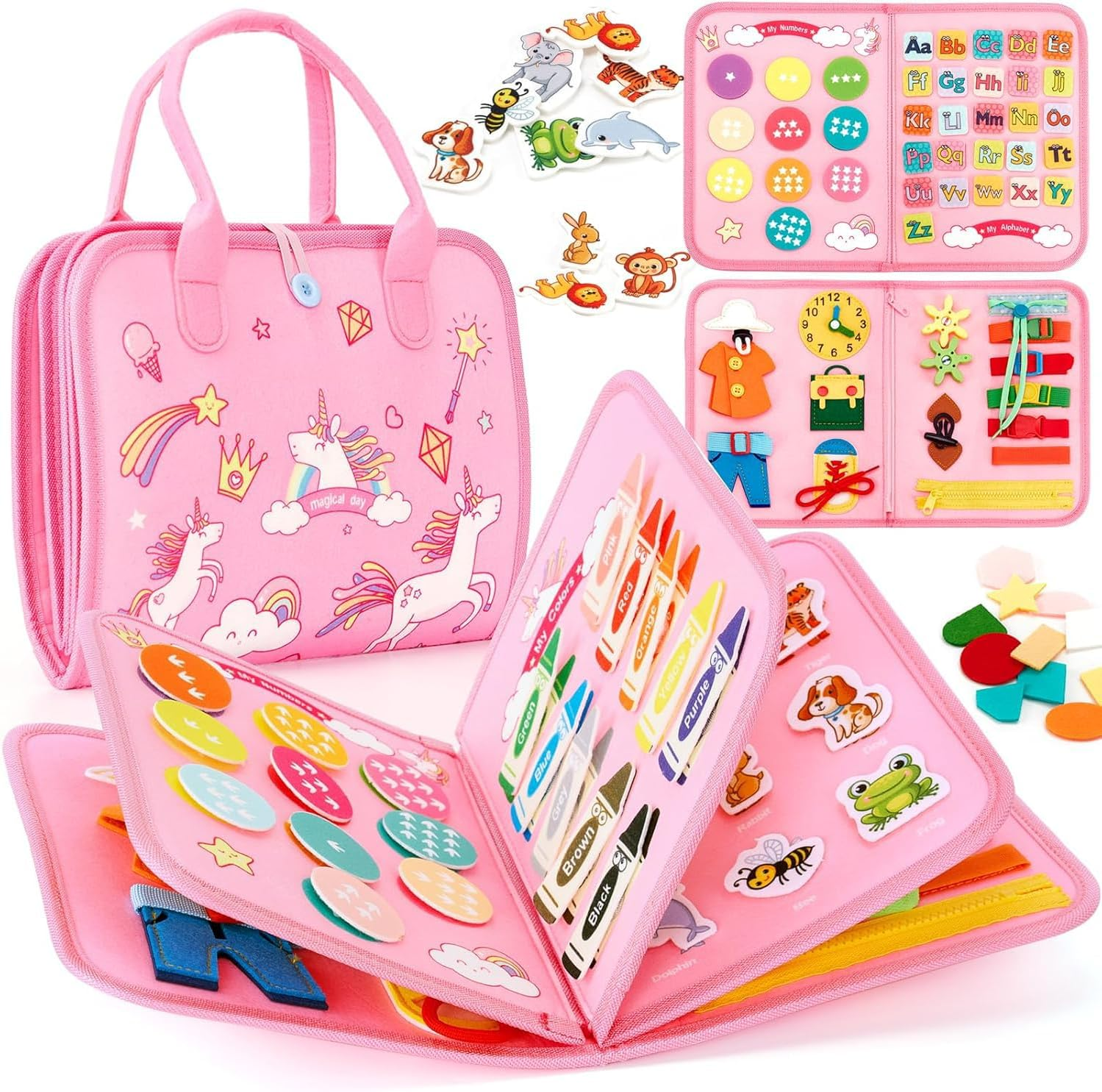 Busy Board for Toddlers, Montessori Toys for 1 2 3 4 Year Old, Busy Book for Educational Activities Playing, Baby Travel Toys for Plane Car, Birthday Gifts for Girls Boys (Pink) image number 6
