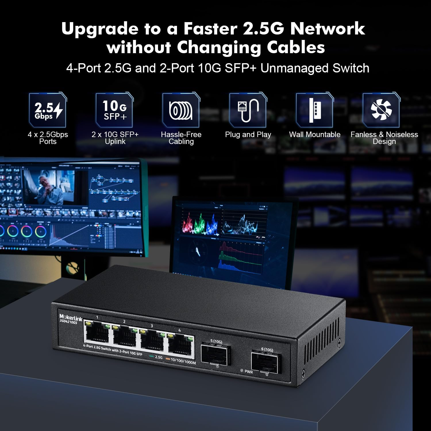 Mokerlink 4 Port 2.5G Ethernet Switch with 2X10G SFP, 5 X 2.5G Base-T Ports Compatible with 10/100/1000Mbps, Metal Unmanaged Fanless Network Switch image number 2