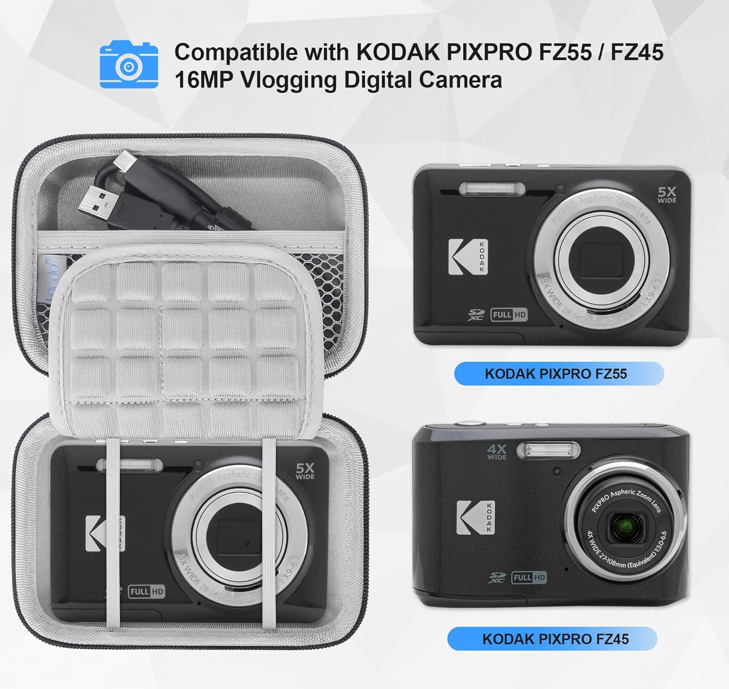 Lacdo Digital Camera Carrying Case for Kodak PIXPRO FZ55 / FZ45 / FZ53 / FZ43 16MP Vlogging Camera Storage Trave Bag, Mesh Bag Fits Batteries, Cable, Memory Card, Card Reader, Black+Gray - Pink image number 4